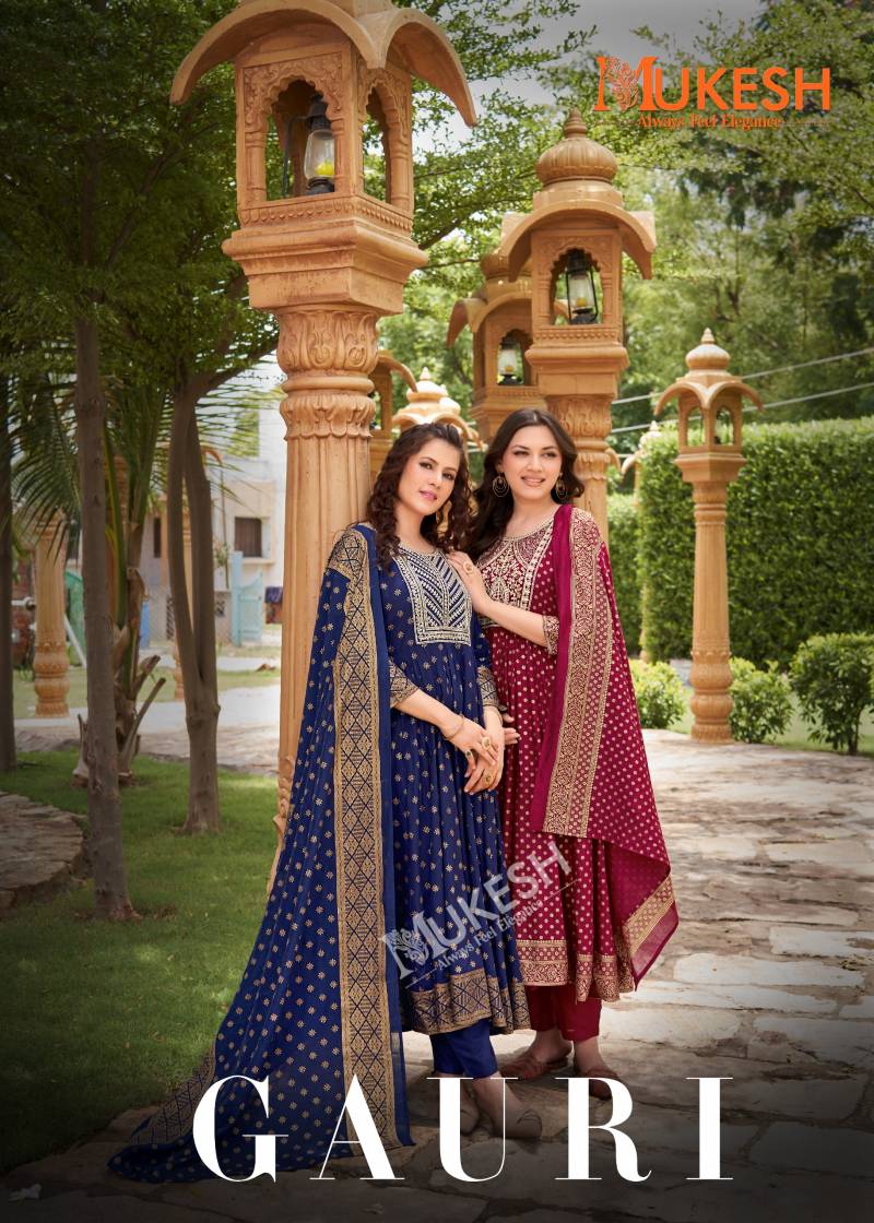 Mukesh Gauri Rayon Embroidered Foil Printed Readymade Suit