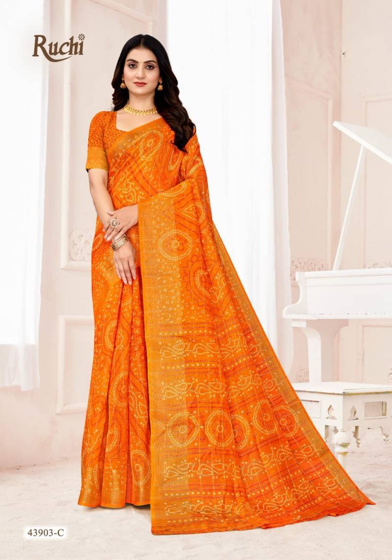 Ruchi Golden Checks Linen Silk Printed Saree