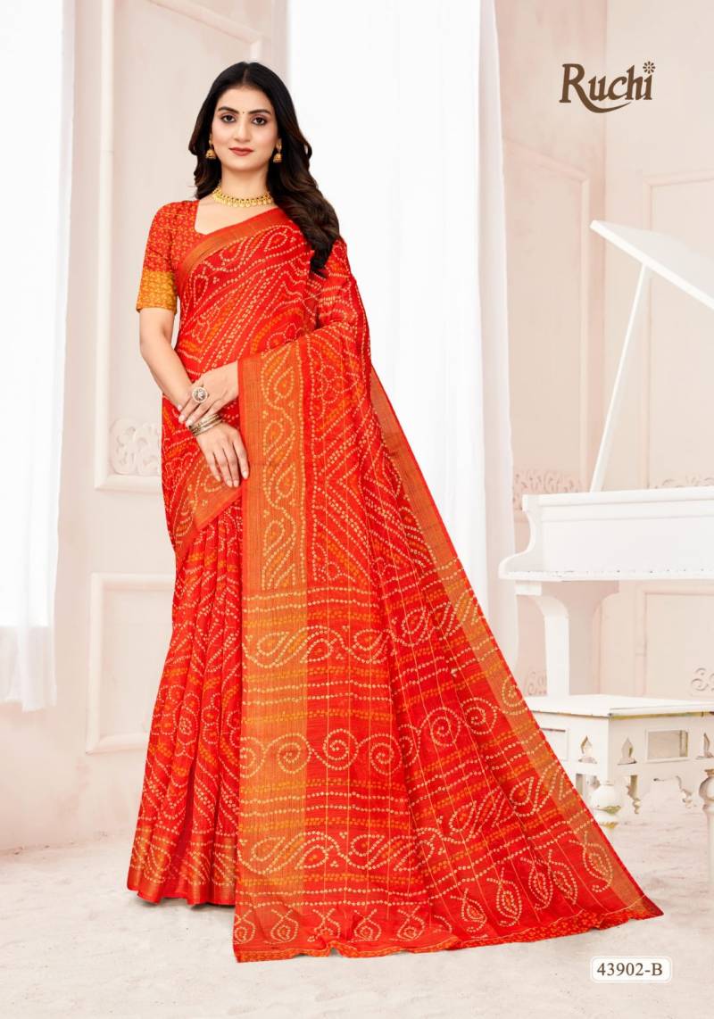 Ruchi Golden Checks Linen Silk Printed Saree