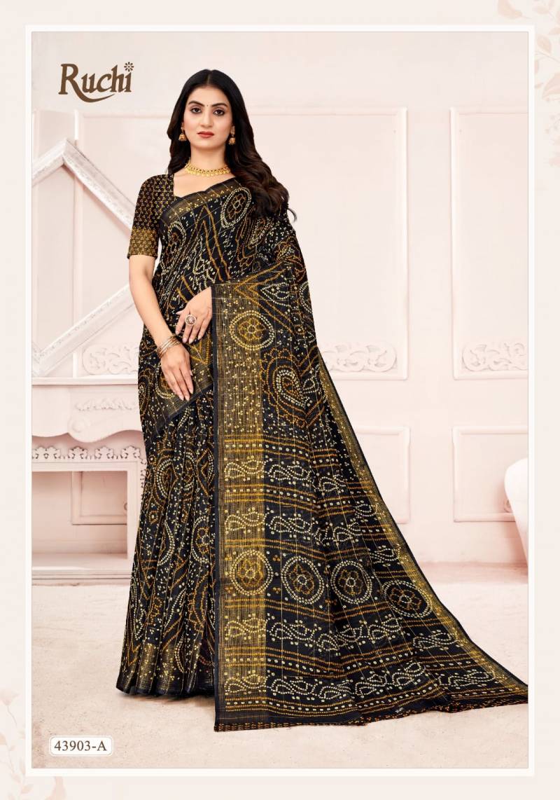 Ruchi Golden Checks Linen Silk Printed Saree