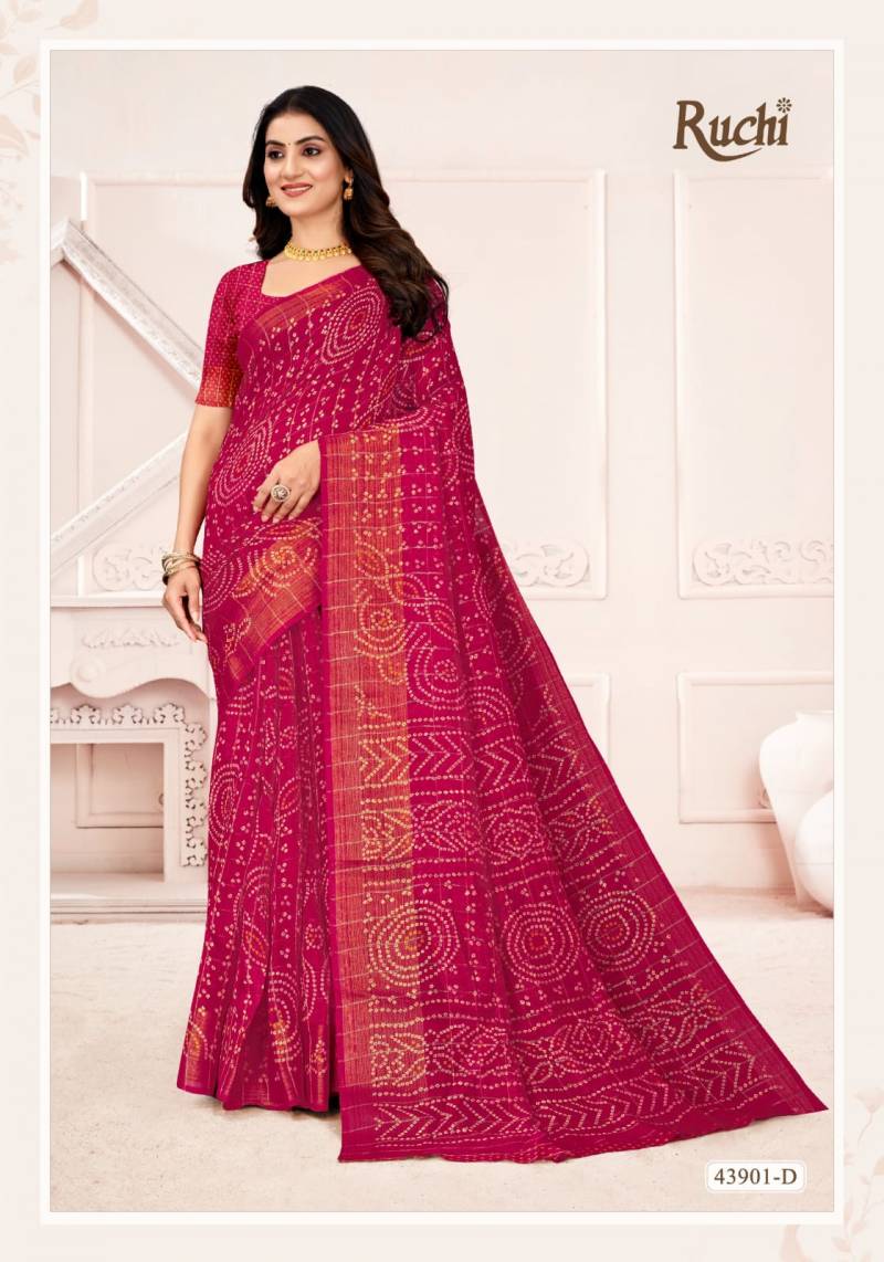 Ruchi Golden Checks Linen Silk Printed Saree