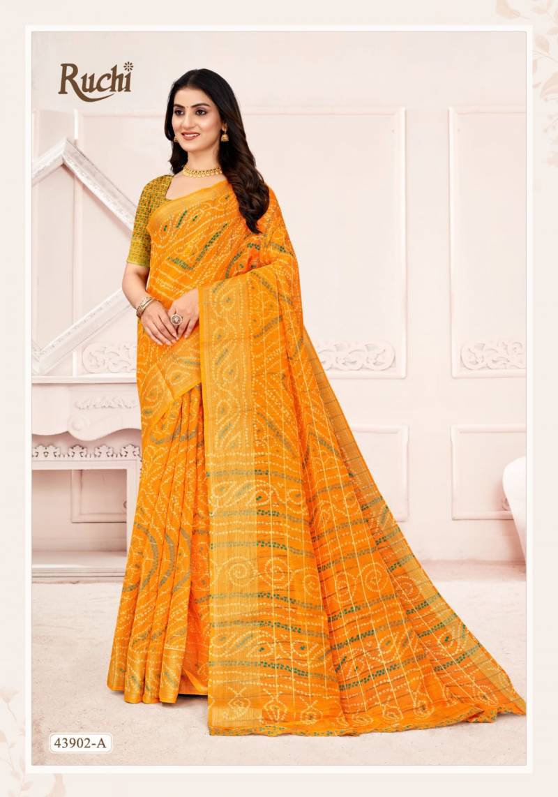 Ruchi Golden Checks Linen Silk Printed Saree