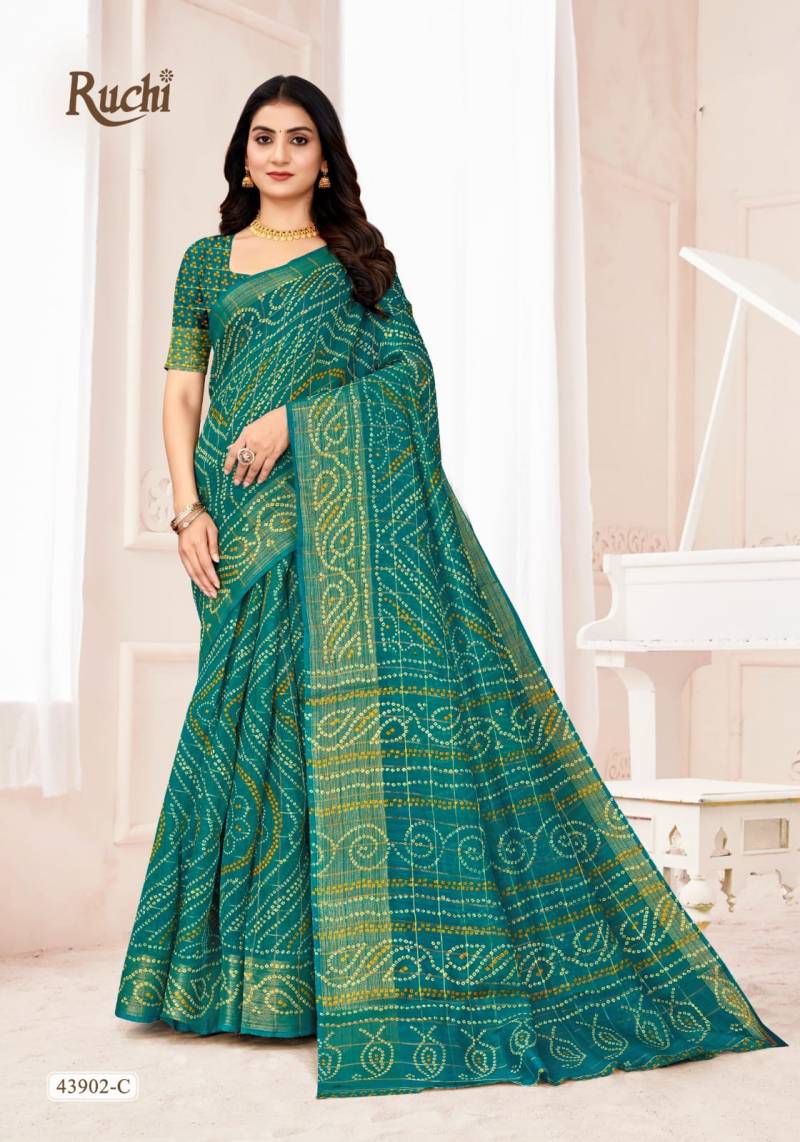Ruchi Golden Checks Linen Silk Printed Saree
