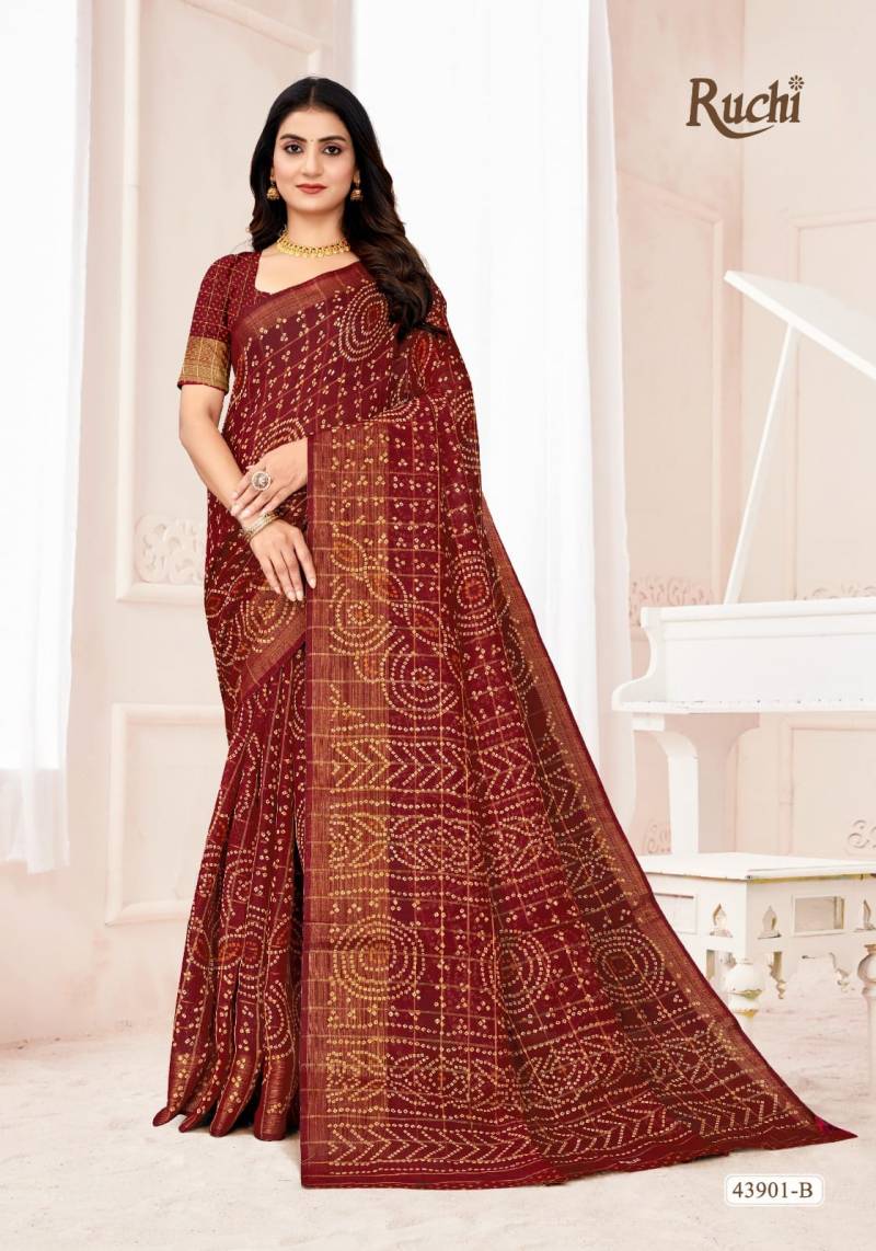 Ruchi Golden Checks Linen Silk Printed Saree