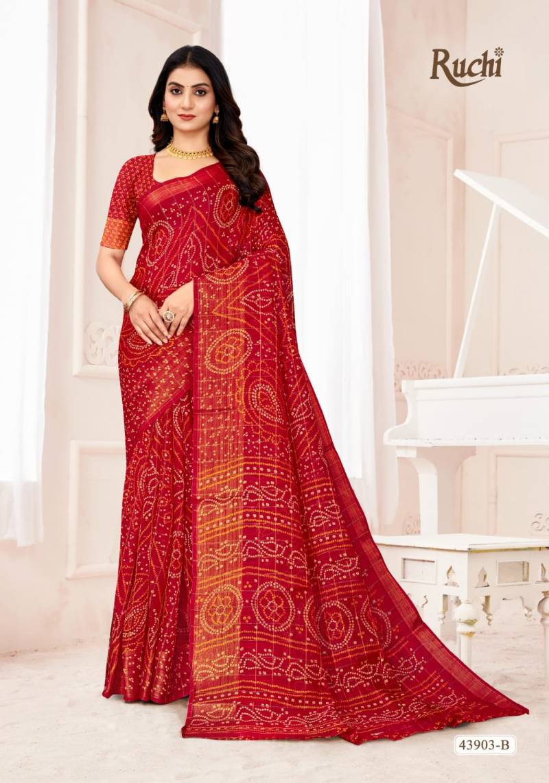 Ruchi Golden Checks Linen Silk Printed Saree