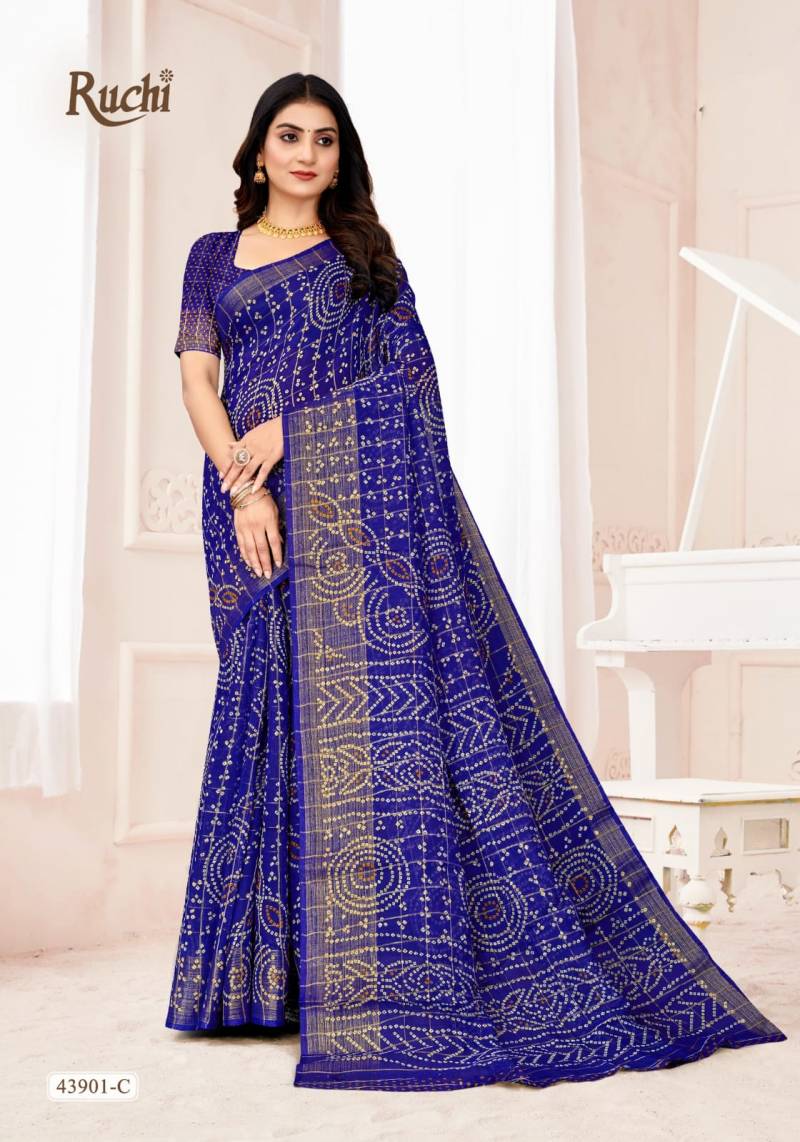Ruchi Golden Checks Linen Silk Printed Saree