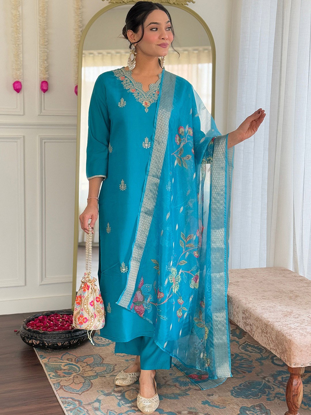 Navya Kurti 111 Party Wear Embroidery Worked Silk Blend Kurti with Pant and Dupatta Set 