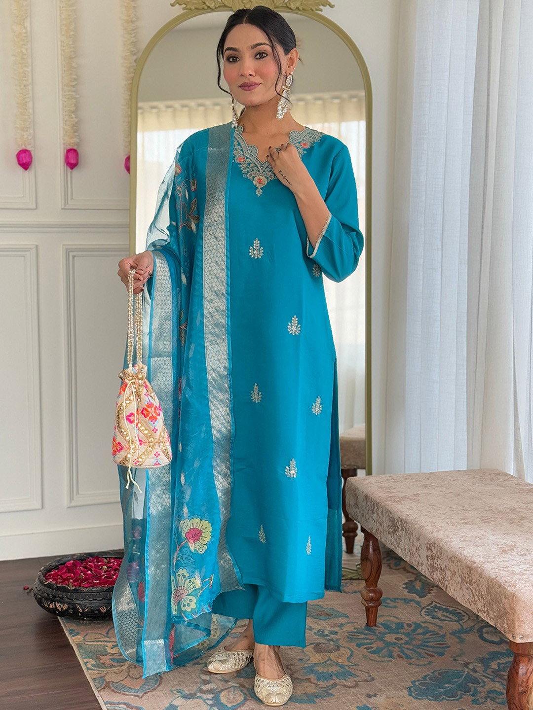 Navya Kurti 111 Party Wear Embroidery Worked Silk Blend Kurti with Pant and Dupatta Set 