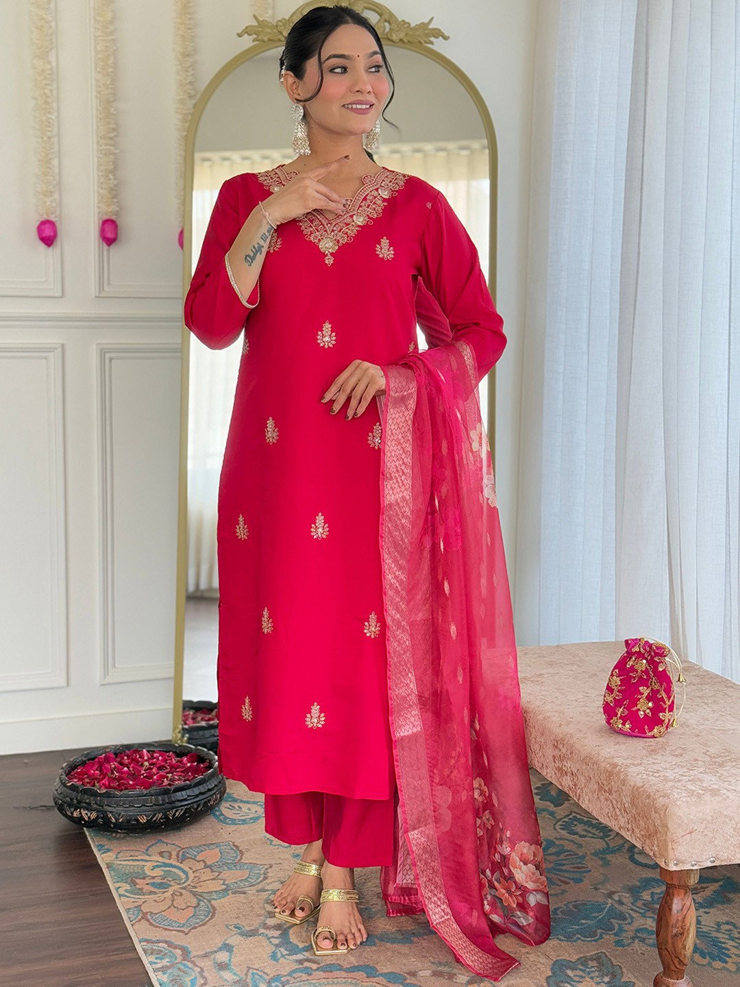 Navya Kurti 111 Party Wear Embroidery Worked Silk Blend Kurti with Pant and Dupatta Set 