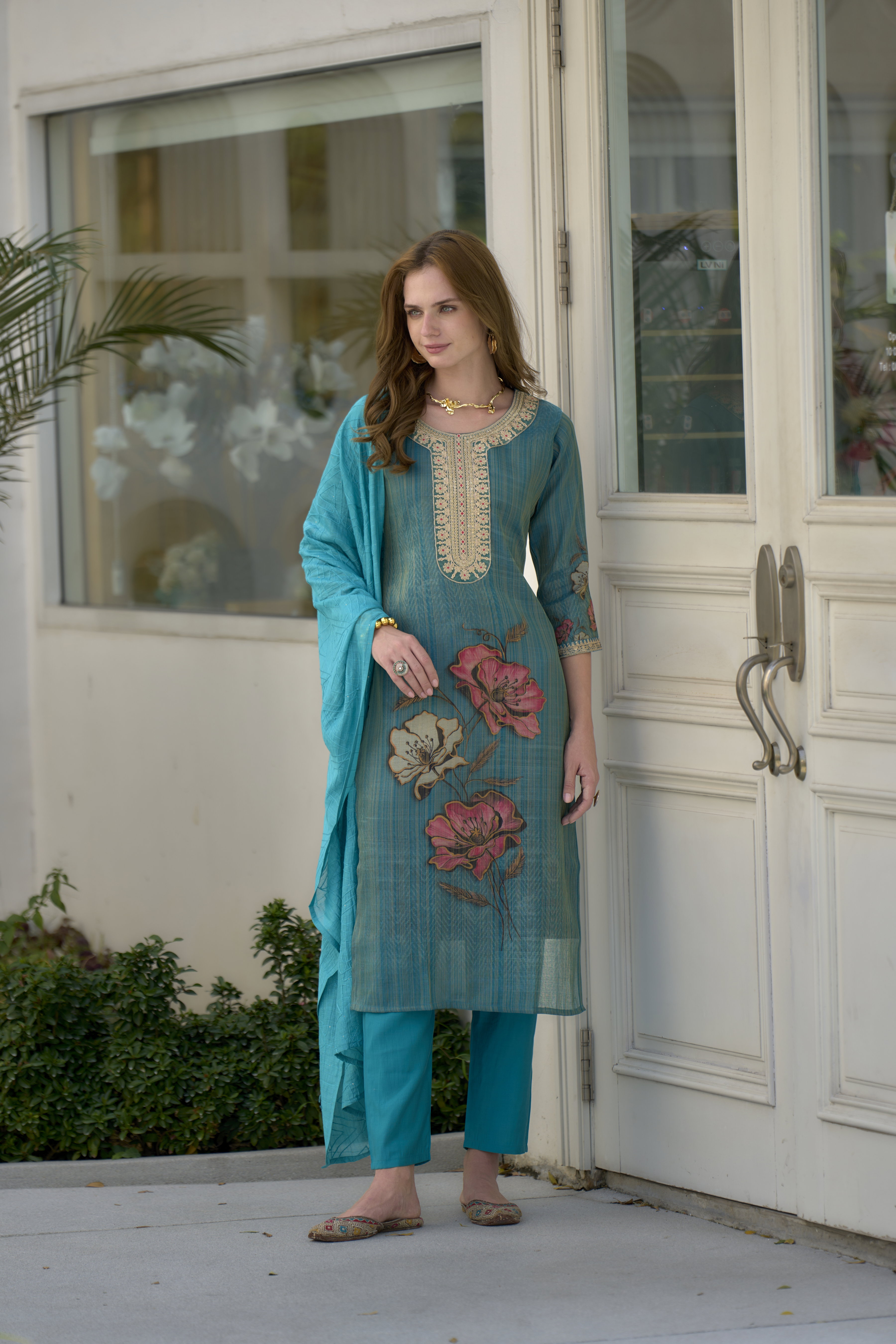 Shiv RY 2002 Rama Tissue Floral Printed Kurti Bottom With Dupatta 