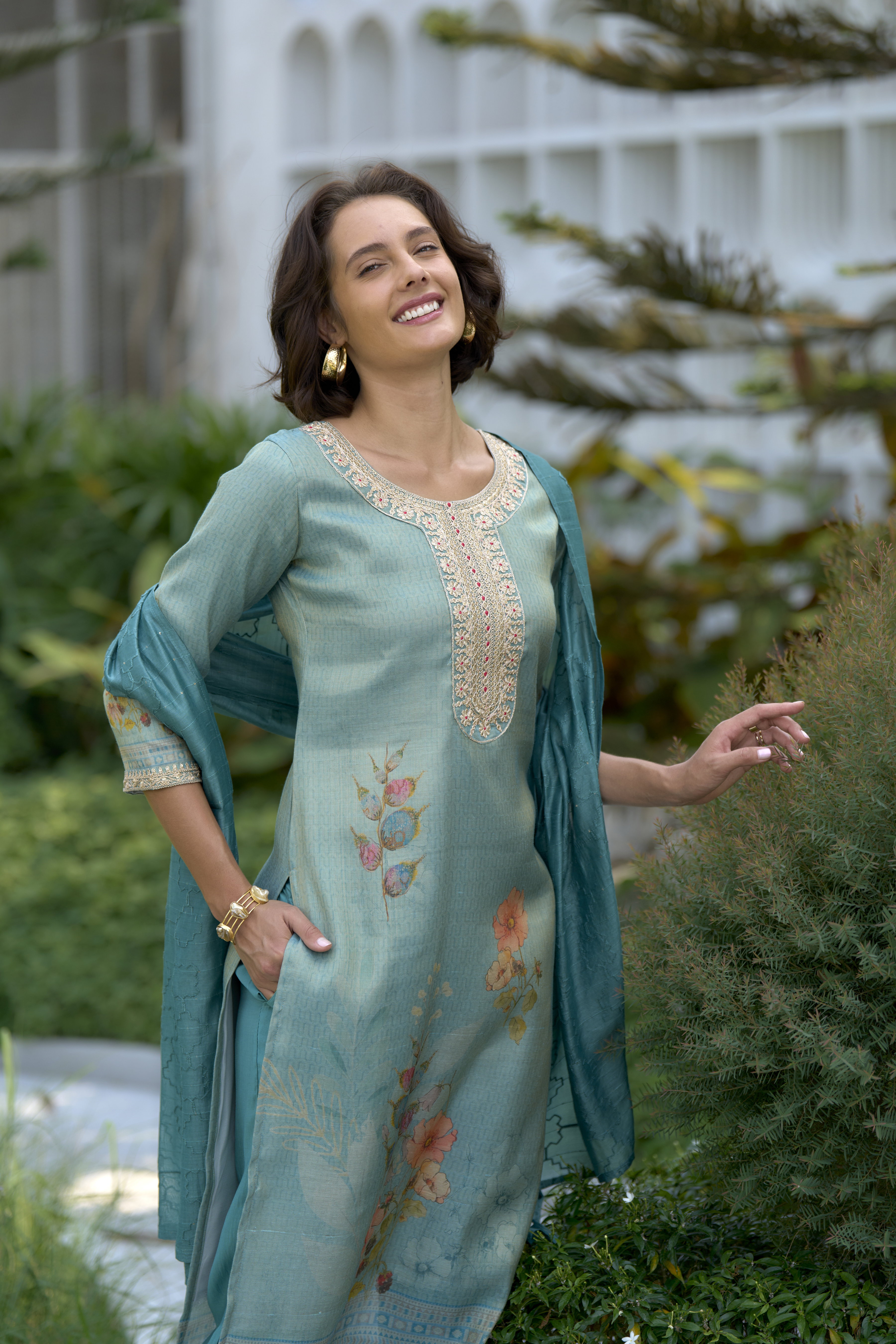 Shiv RY 2003 Green Tissue Floral Printed Embroidery Kurti Bottom With Dupatta