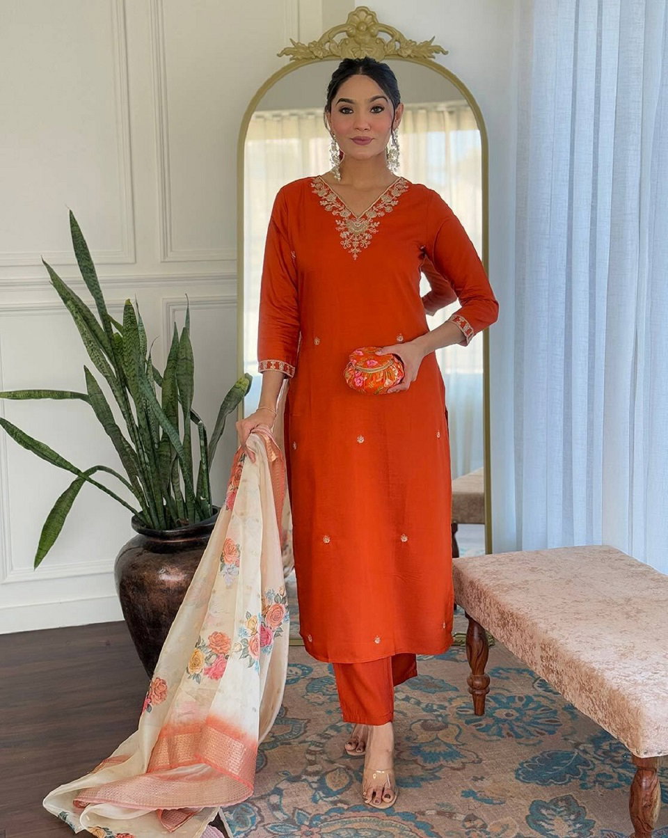 Navya Kurti 114 Party Wear Embroidery Worked Silk Blend Kurti with Pant and Dupatta Set 