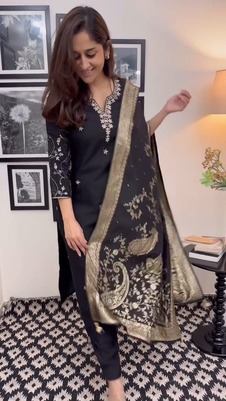 Navya Kurti 117 Party Wear Embroidery Worked Cotton Silk Kurti with Pant and Dupatta Set 
