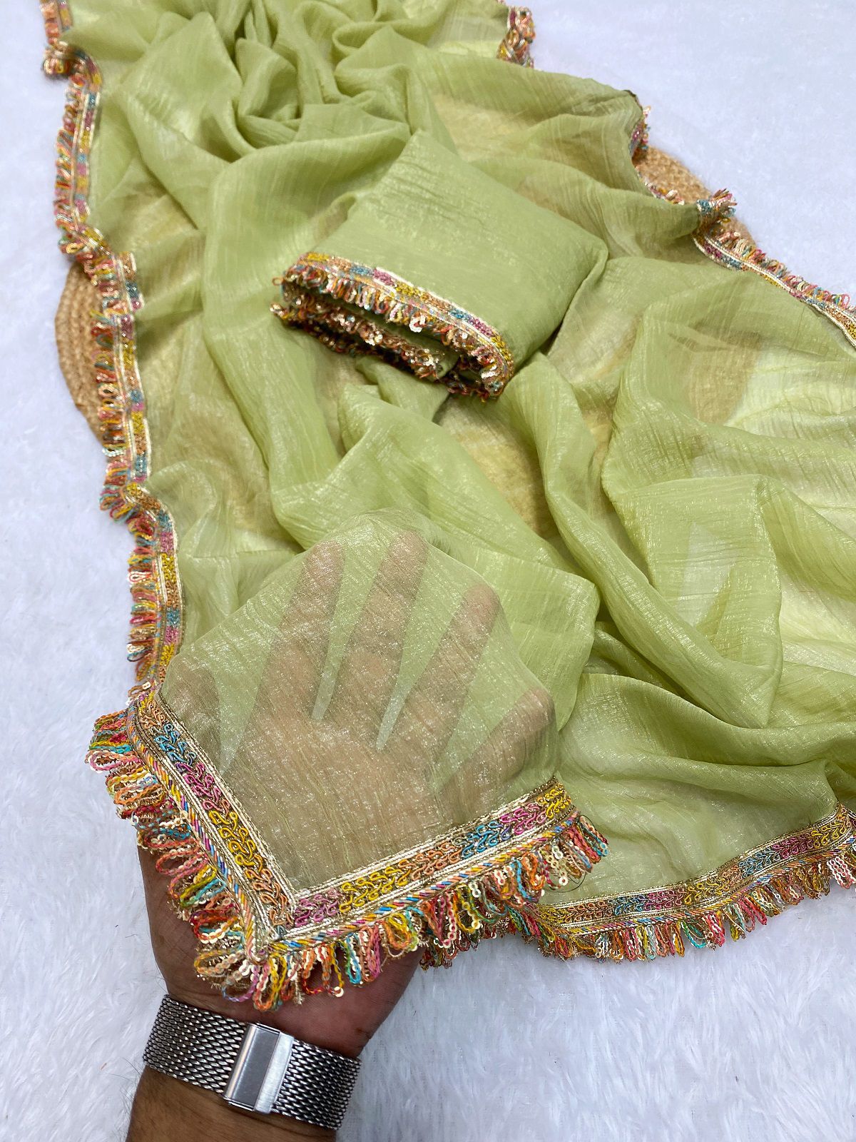 Aab Manali 01 Chiffon Silk Plain Saree With Lace Border Work