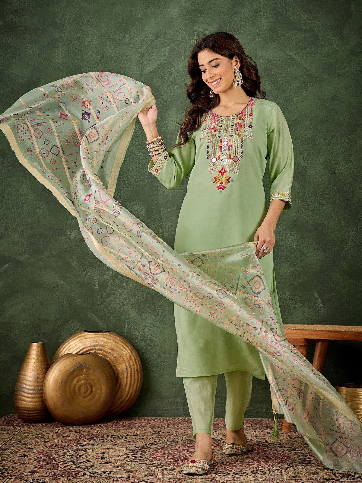 VredeVogel Jalak Roman Silk Embroidery Kurti Bottom With Dupatta