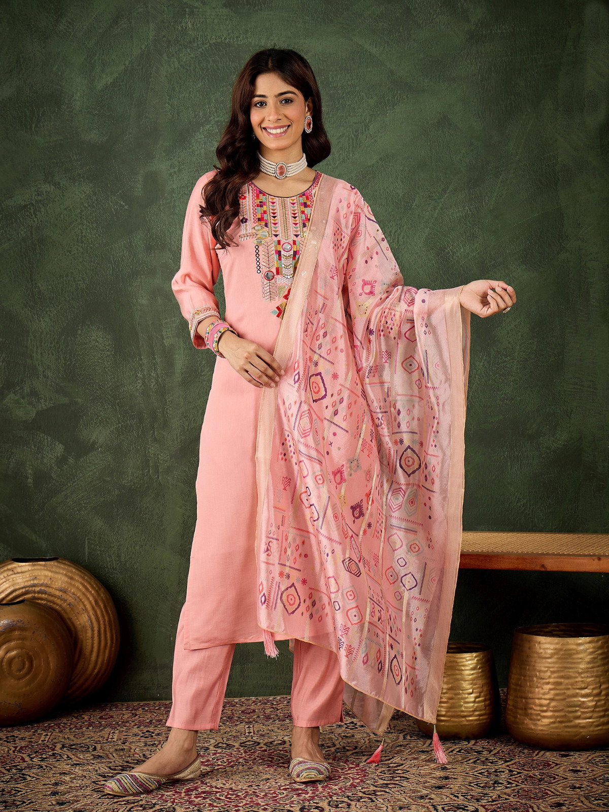 VredeVogel Jalak Roman Silk Embroidery Kurti Bottom With Dupatta