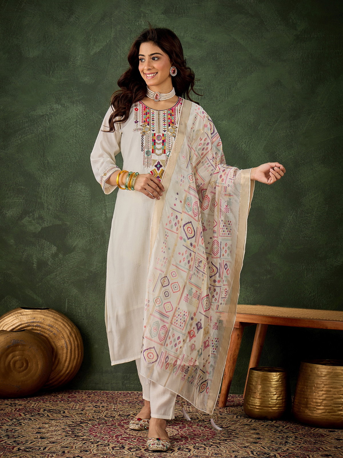 VredeVogel Jalak Roman Silk Embroidery Kurti Bottom With Dupatta