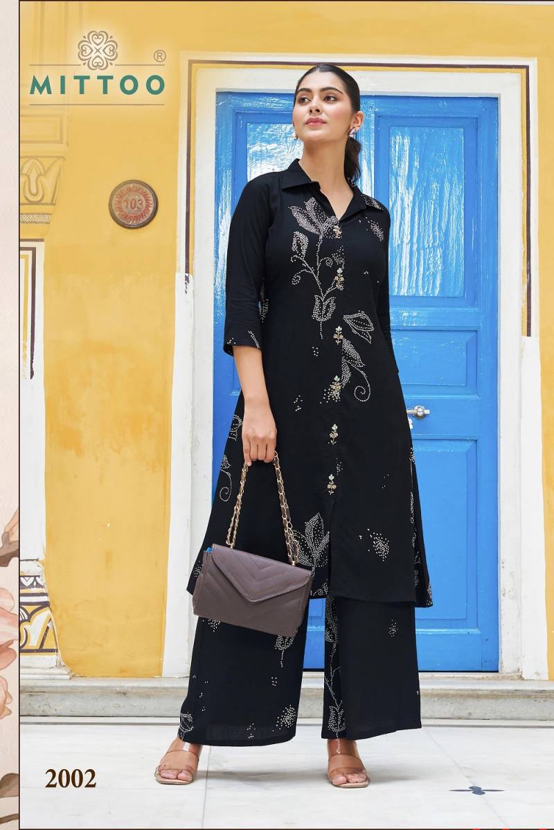 Mittoo Indrani Rayon Printed Fancy Kurti With Bottom Collection