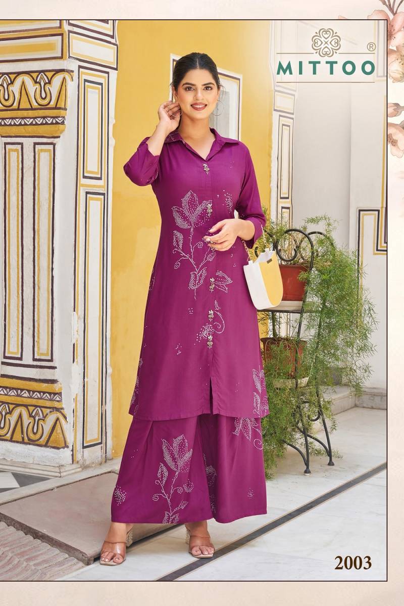 Mittoo Indrani Rayon Printed Fancy Kurti With Bottom Collection