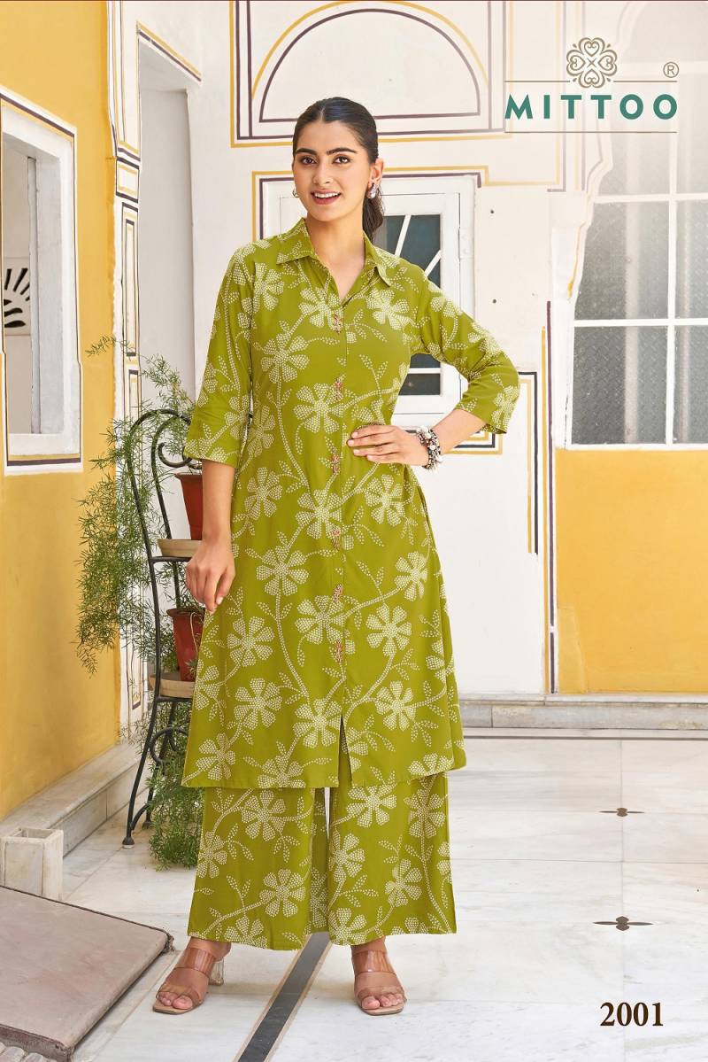 Mittoo Indrani Rayon Printed Fancy Kurti With Bottom Collection