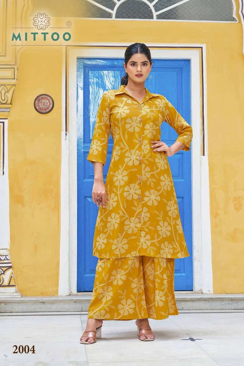 Mittoo Indrani Rayon Printed Fancy Kurti With Bottom Collection