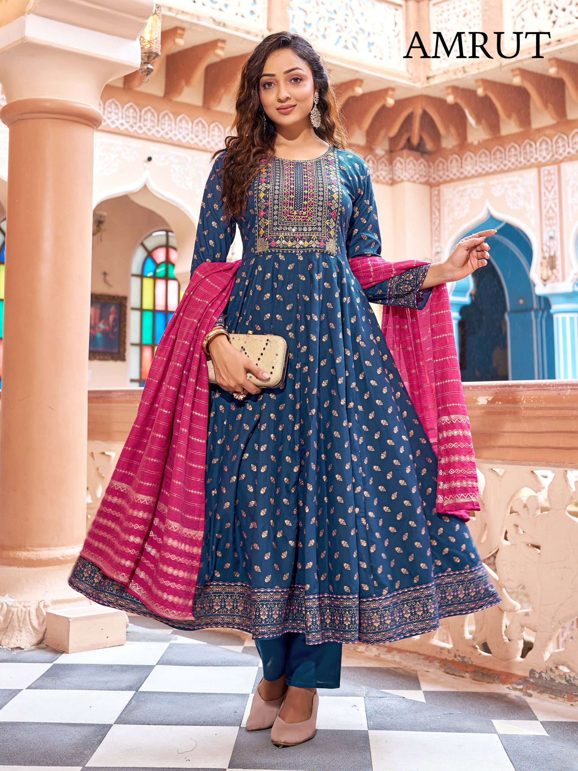 Mukesh Amrut Rayon Embroidered Kurti Bottom With Dupatta