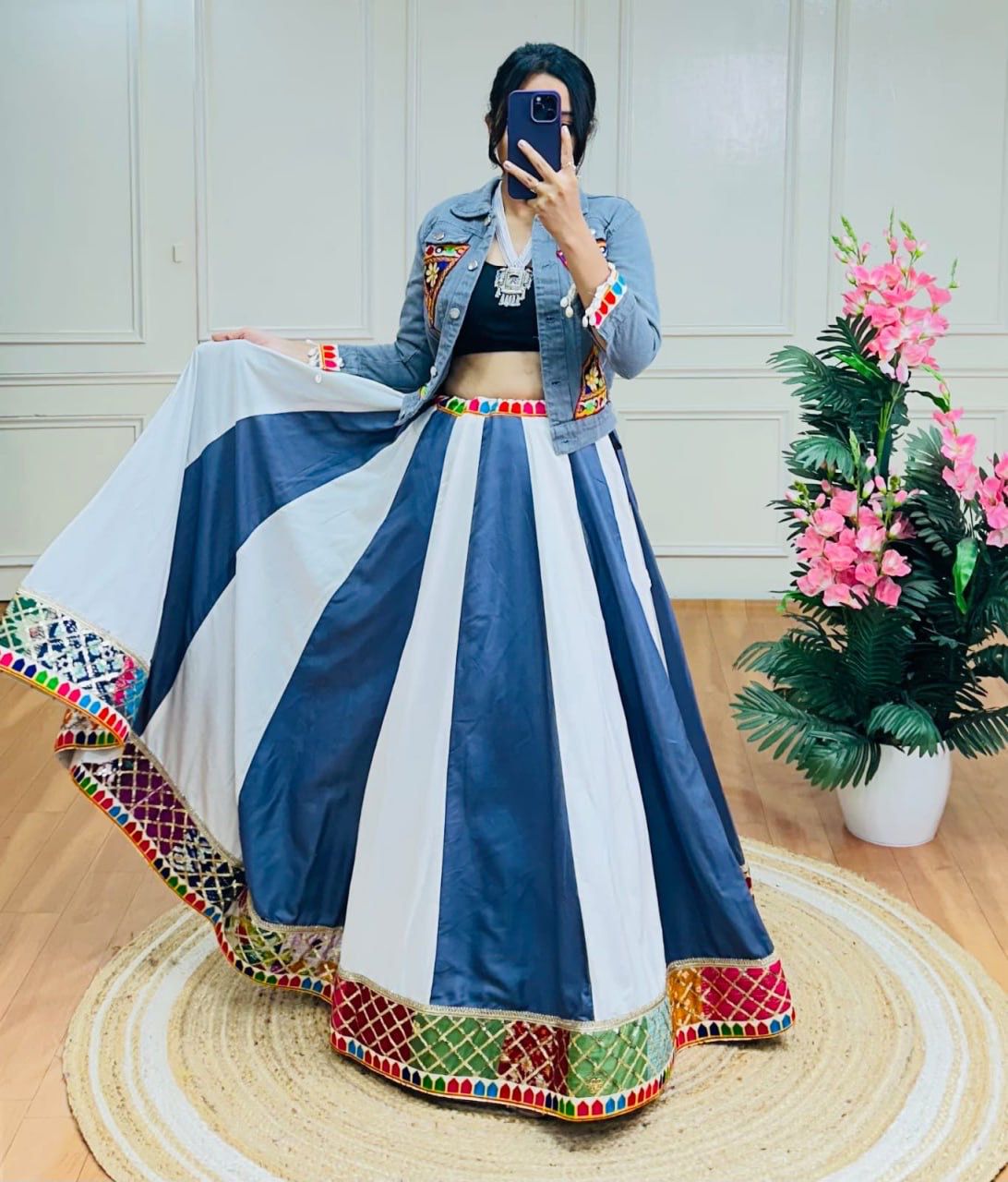 Scmd Khelayya 1 Rayon Embroidery Gamthi Work Lehenga With Denim Jacket