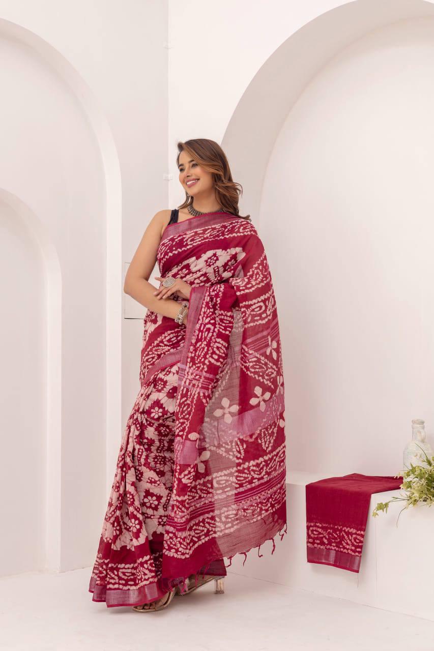 Scmd Queen Linen Silk Cotton Batik Digital Prints Saree Collection