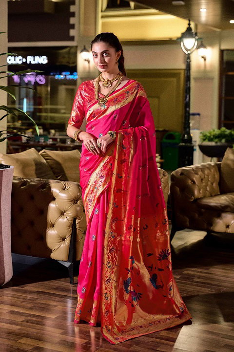 Meera 301 Party Wear Zari Weaving Worked Paithani Silk Saree with Un Stitched Blouse