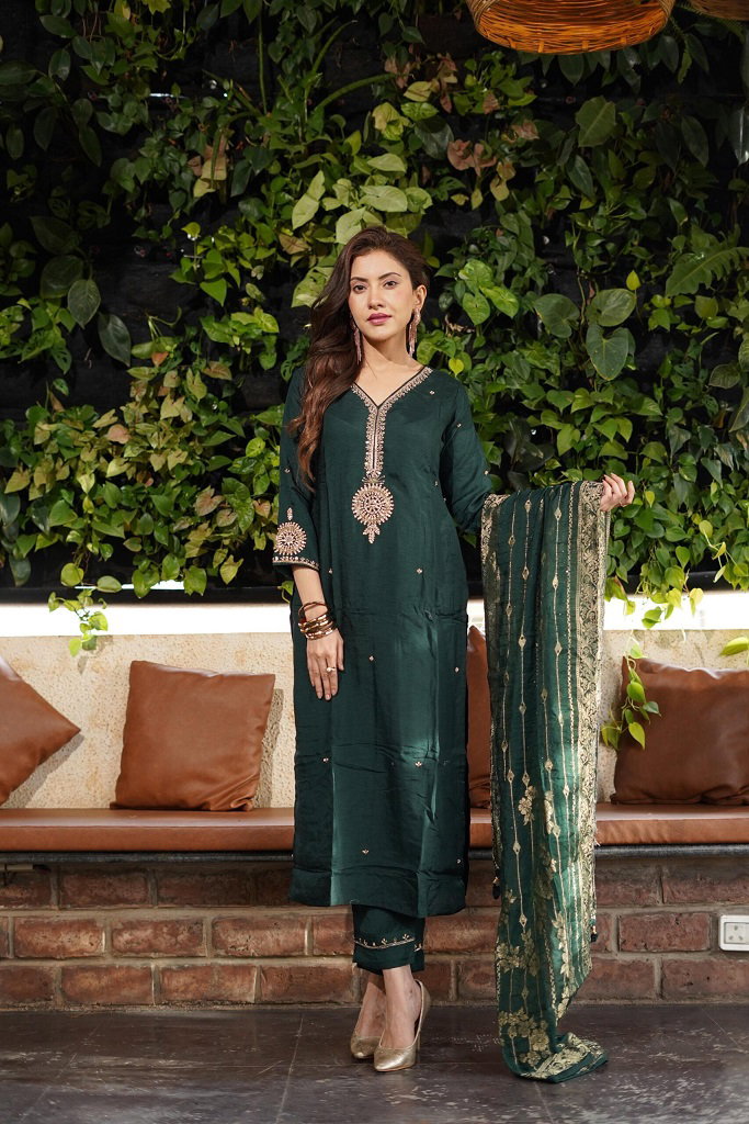 Navya Kurti 120 Party Wear Embroidery Worked Cotton Silk Kurti with Pant and Dupatta Set 