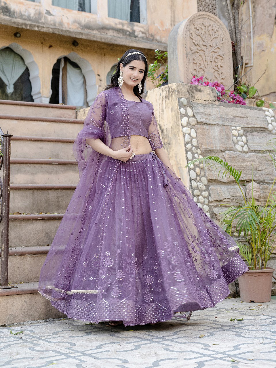 Aawiya 01 Lavender Soft Net Plain With Sequins Thread Embroidery lehenga Choli