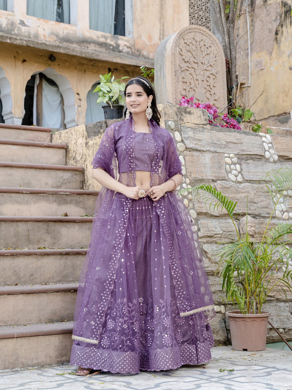 Aawiya 01 Lavender Soft Net Plain With Sequins Thread Embroidery lehenga Choli