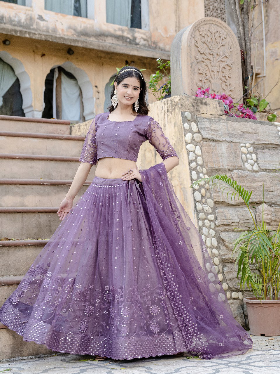 Aawiya 01 Lavender Soft Net Plain With Sequins Thread Embroidery lehenga Choli