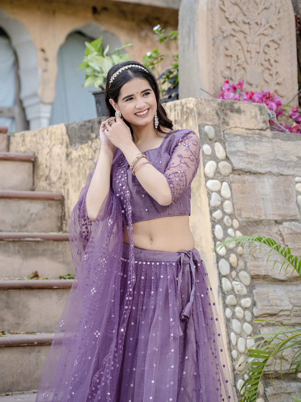 Aawiya 01 Lavender Soft Net Plain With Sequins Thread Embroidery lehenga Choli