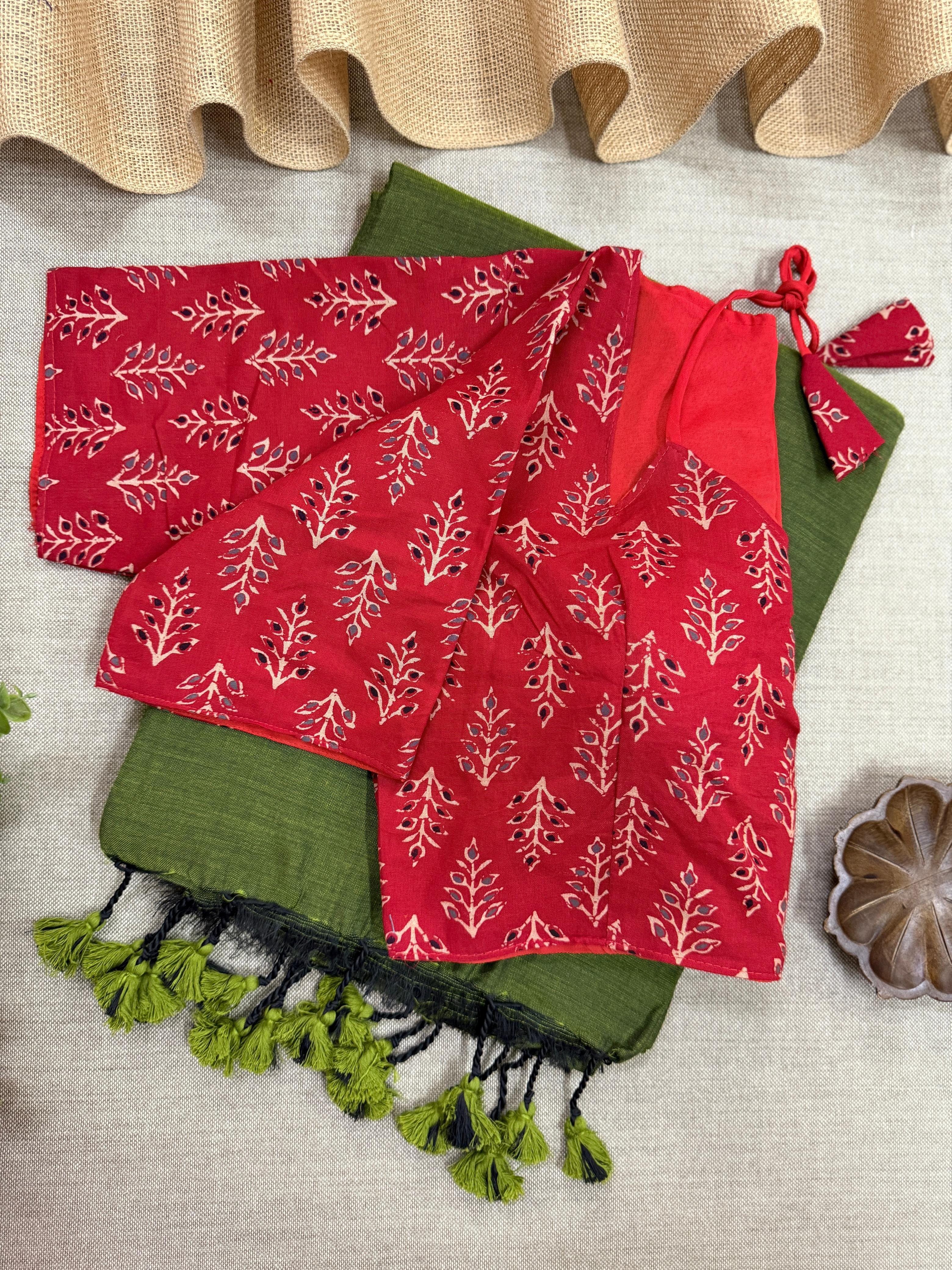 Lekha CF 129 Khadi Cotton Plain Saree With Pure Ajrakh Readymade Blouse