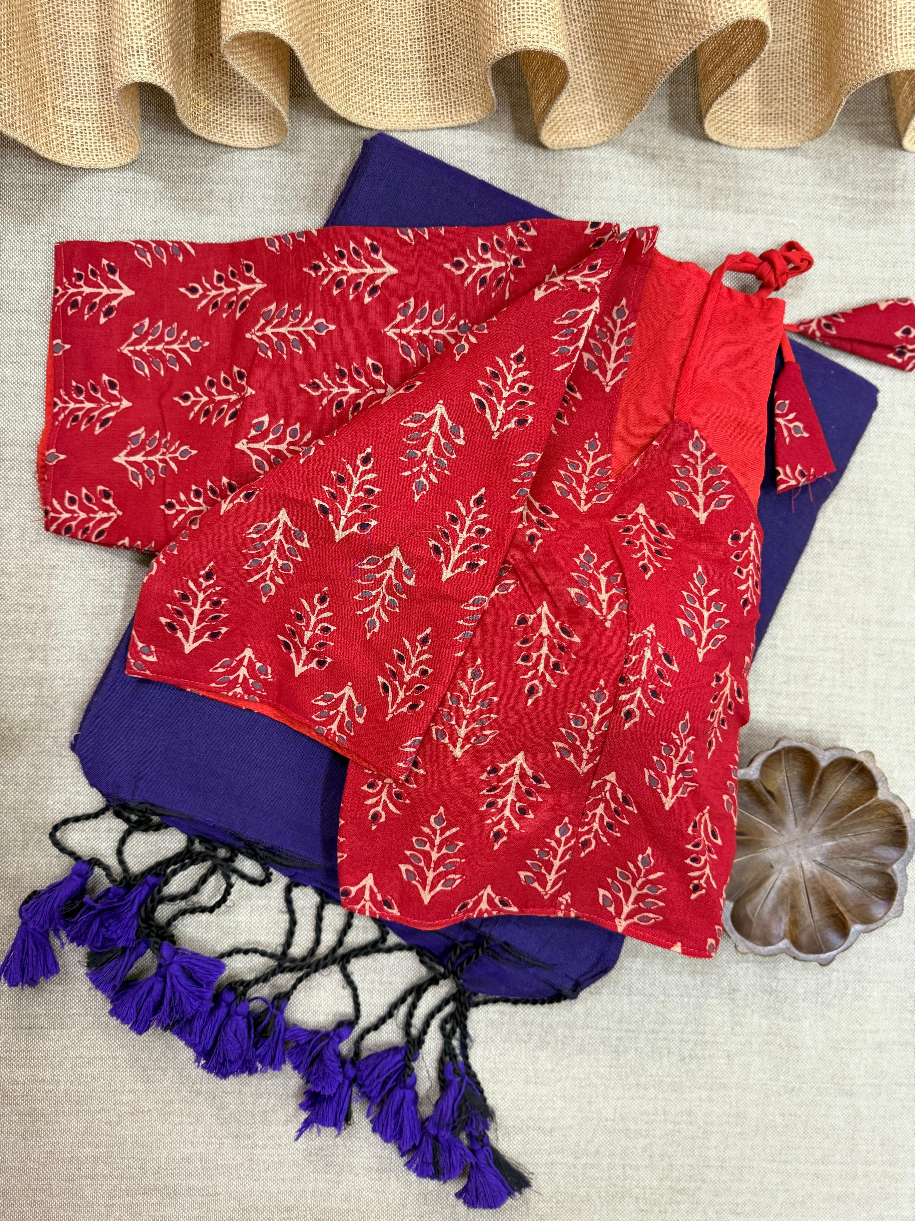 Lekha CF 129 Khadi Cotton Plain Saree With Pure Ajrakh Readymade Blouse