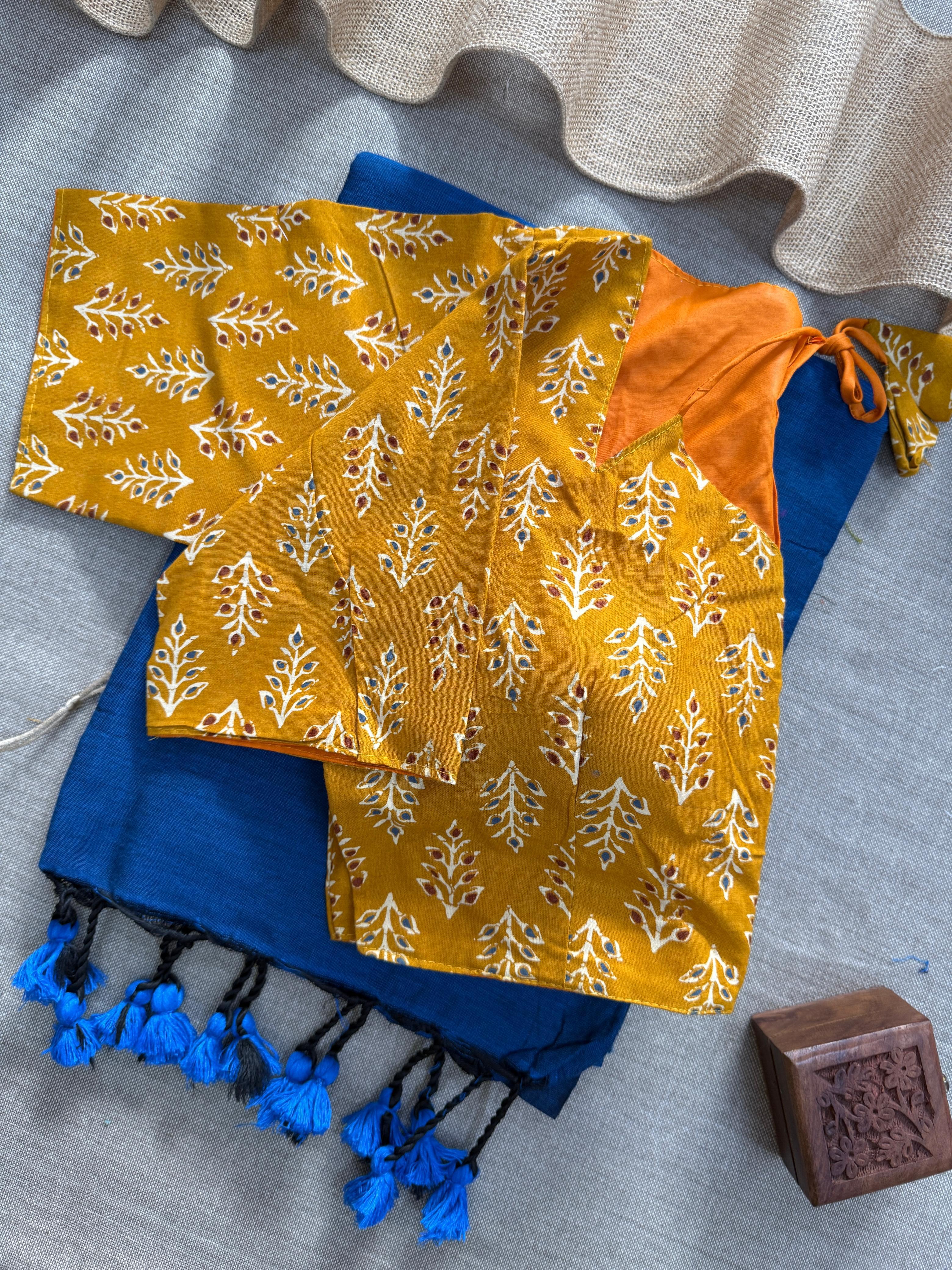 Lekha CF 129 Khadi Cotton Plain Saree With Pure Ajrakh Readymade Blouse