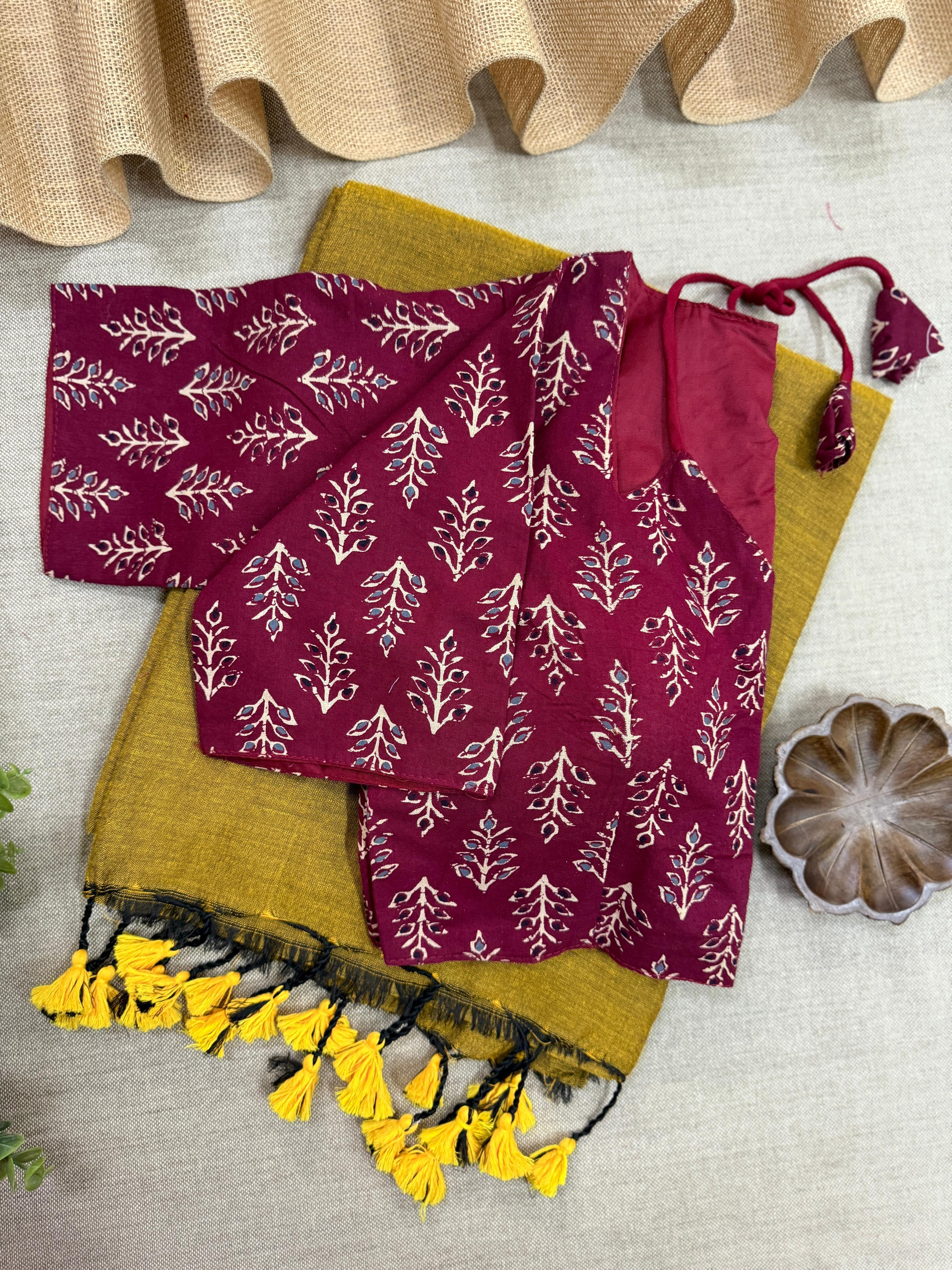 Lekha CF 129 Khadi Cotton Plain Saree With Pure Ajrakh Readymade Blouse