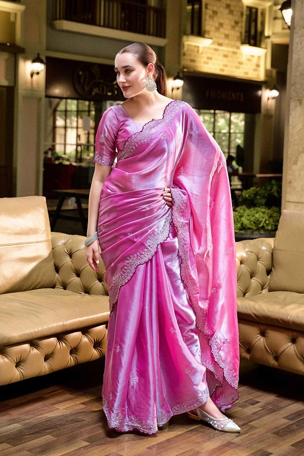 Meera 302 Party Wear Embroidery Worked Shimmer Chiffon Saree with Un Stitched Blouse