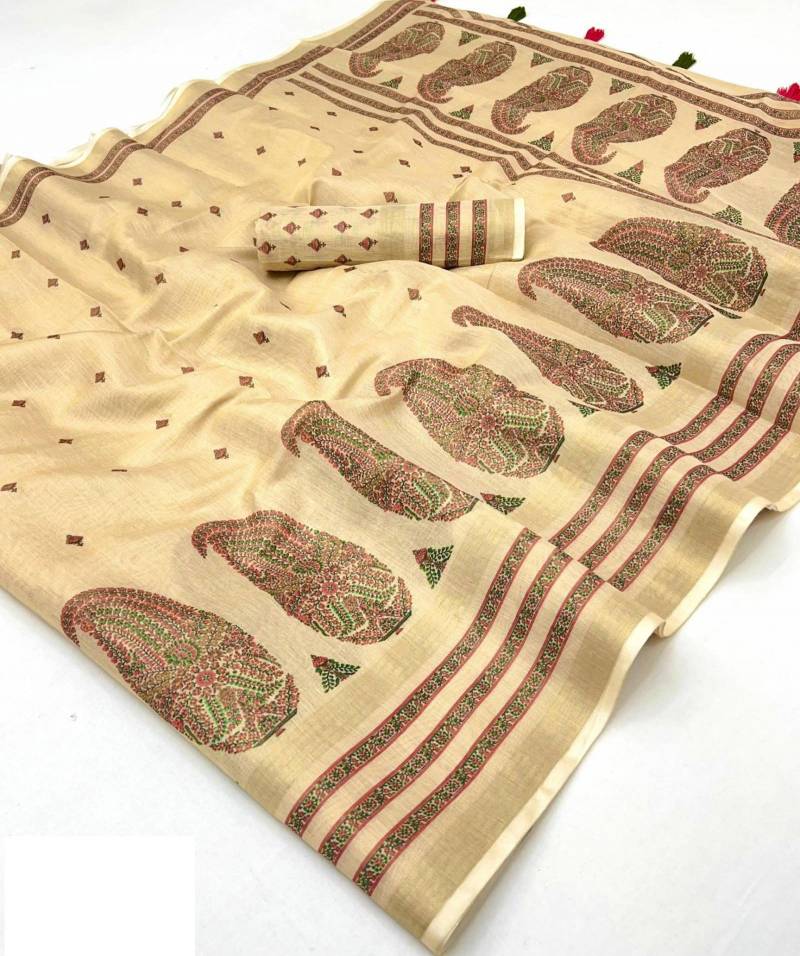 Rajyog Zari Linen Digital Print Saree