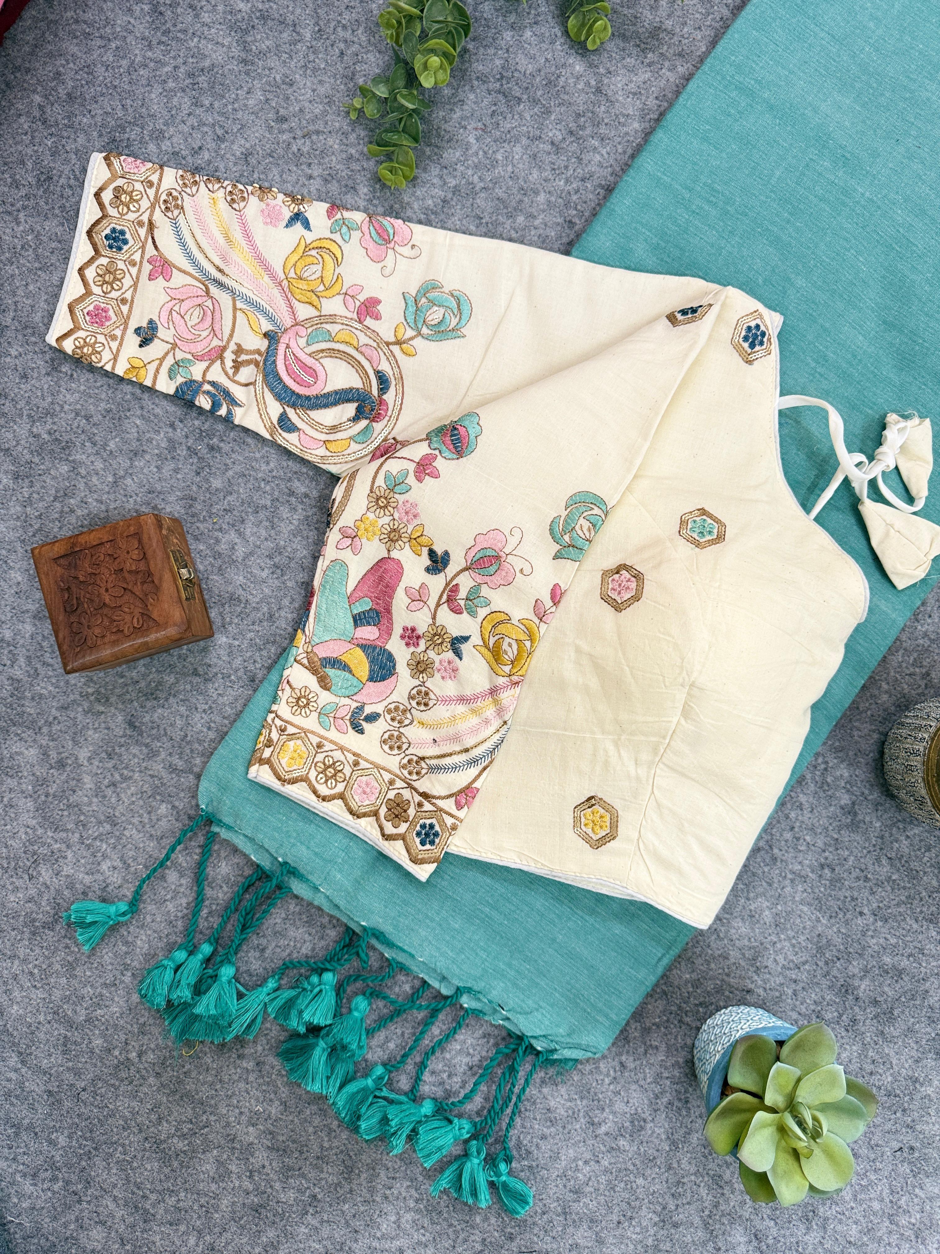 Lekha CF 130 Khadi Cotton Plain Saree With Embroidery Readymade Blouse