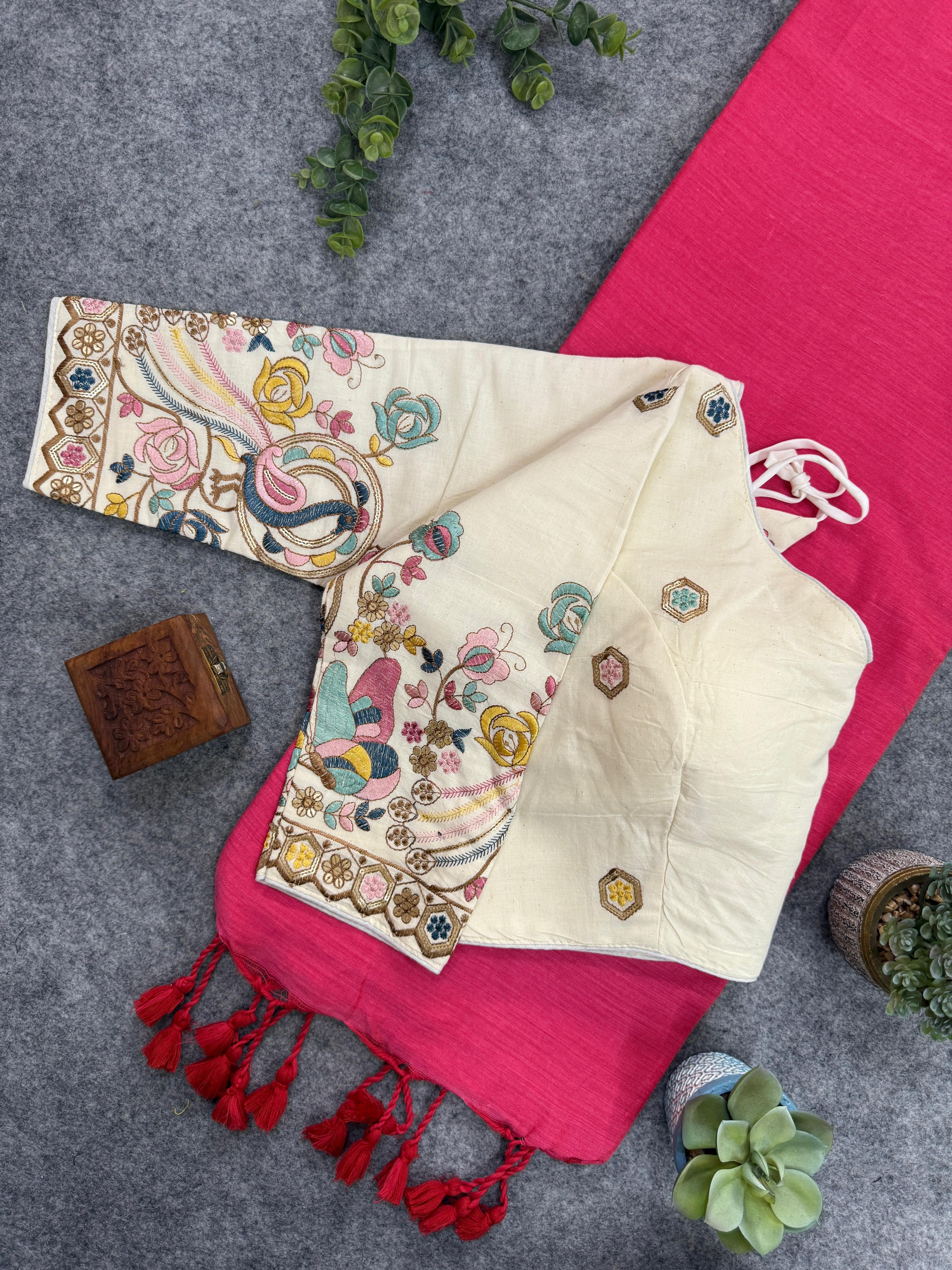 Lekha CF 130 Khadi Cotton Plain Saree With Embroidery Readymade Blouse