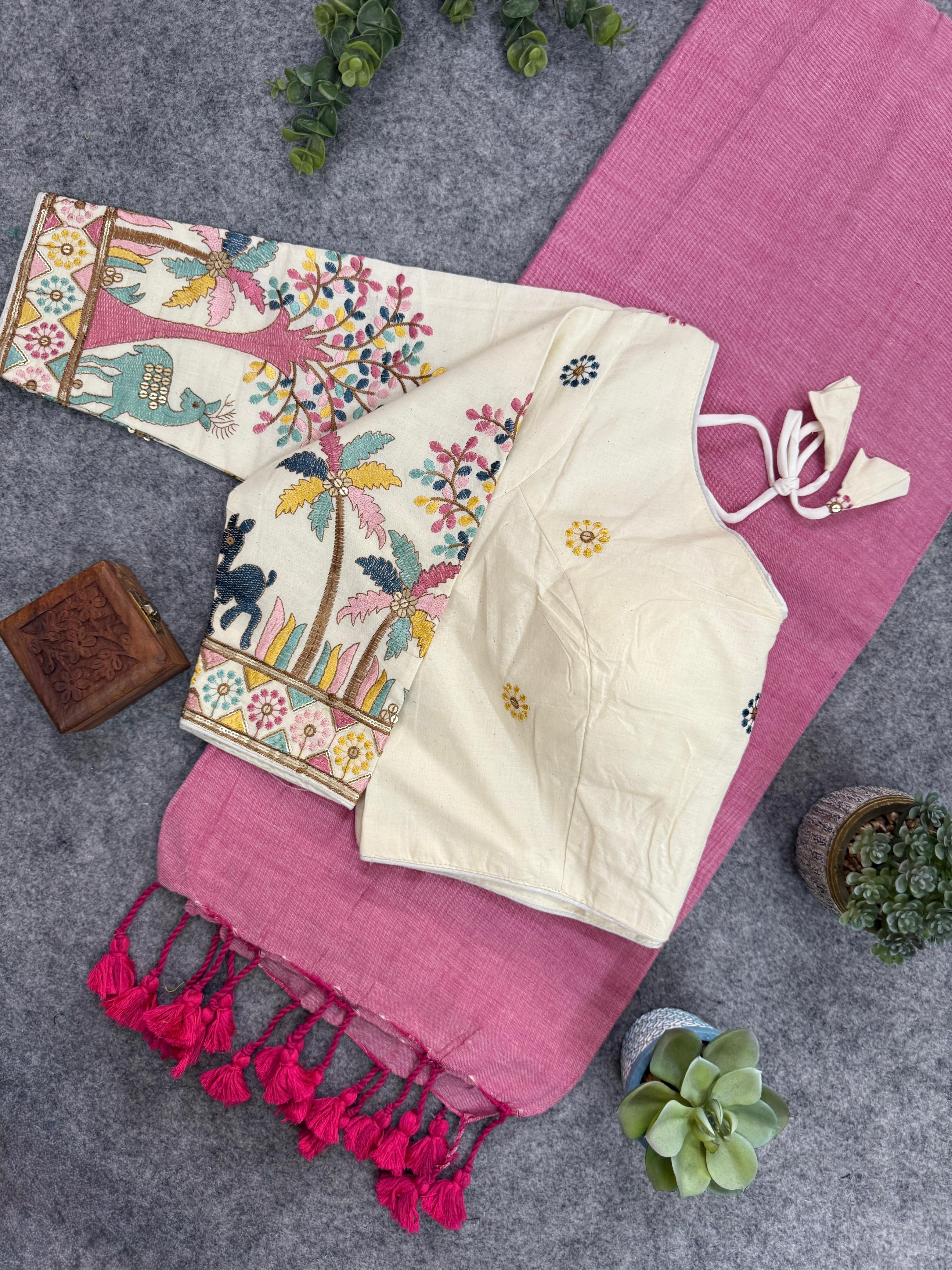 Lekha CF 130 Khadi Cotton Plain Saree With Embroidery Readymade Blouse