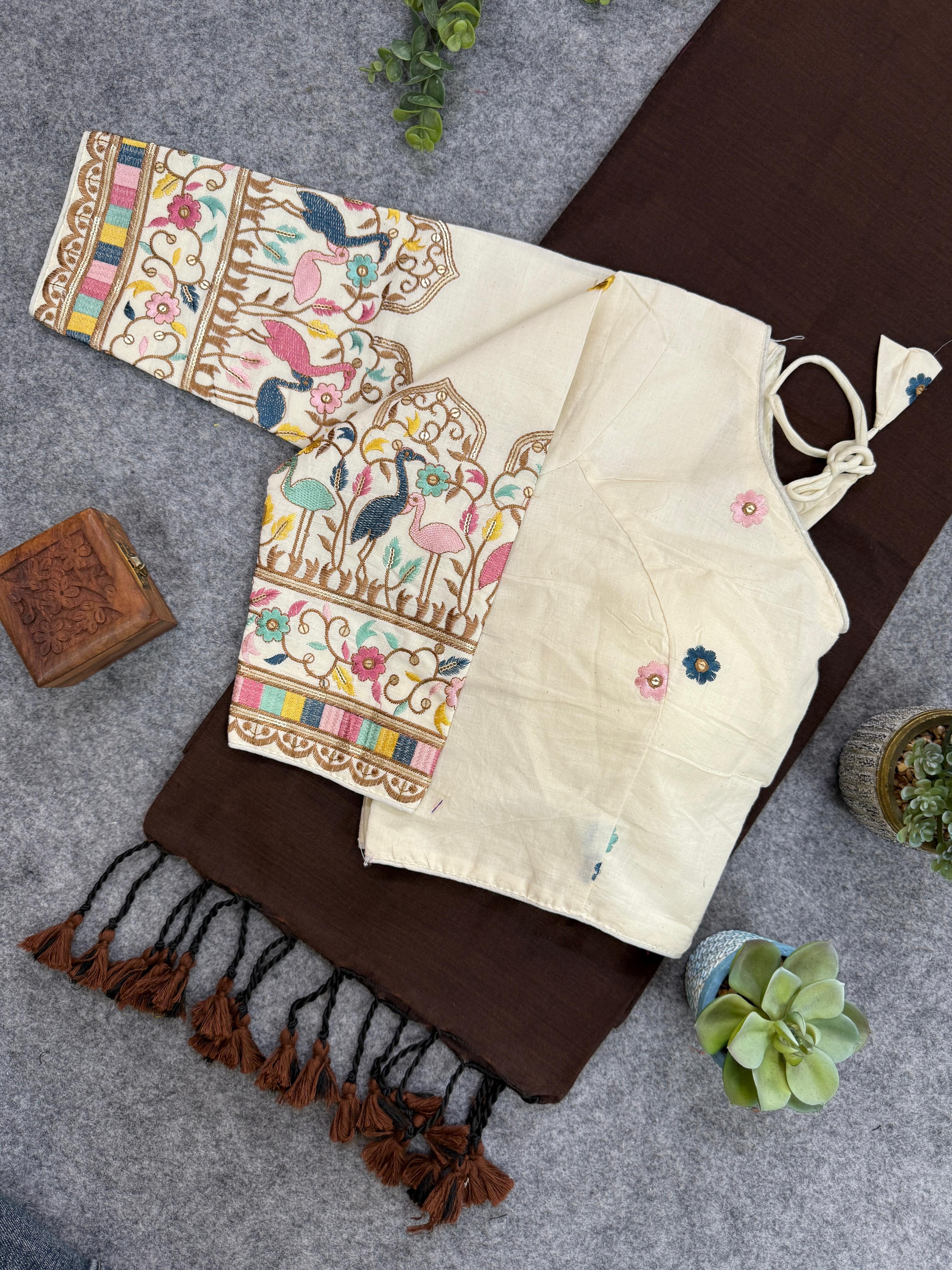 Lekha CF 130 Khadi Cotton Plain Saree With Embroidery Readymade Blouse