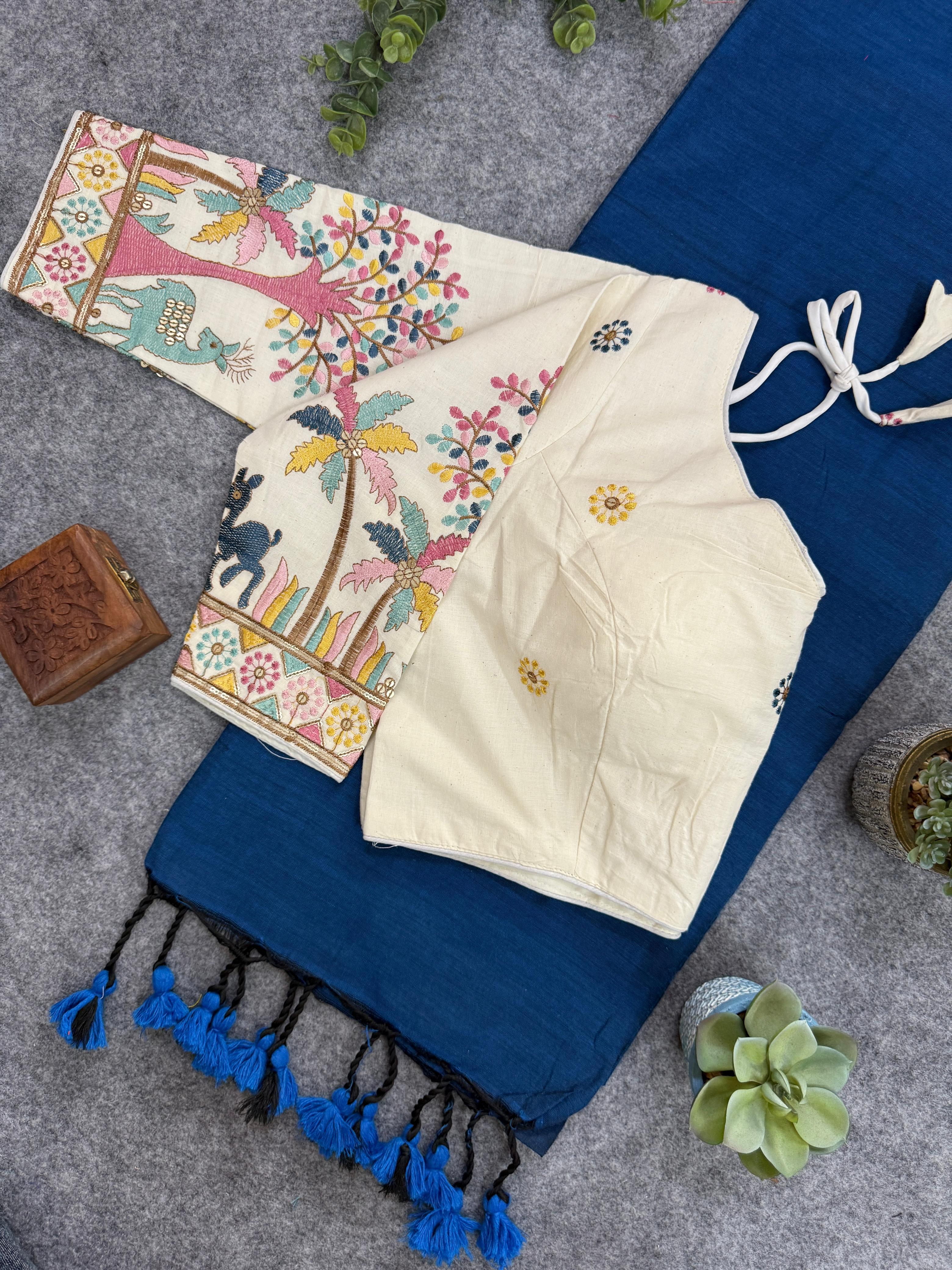 Lekha CF 130 Khadi Cotton Plain Saree With Embroidery Readymade Blouse