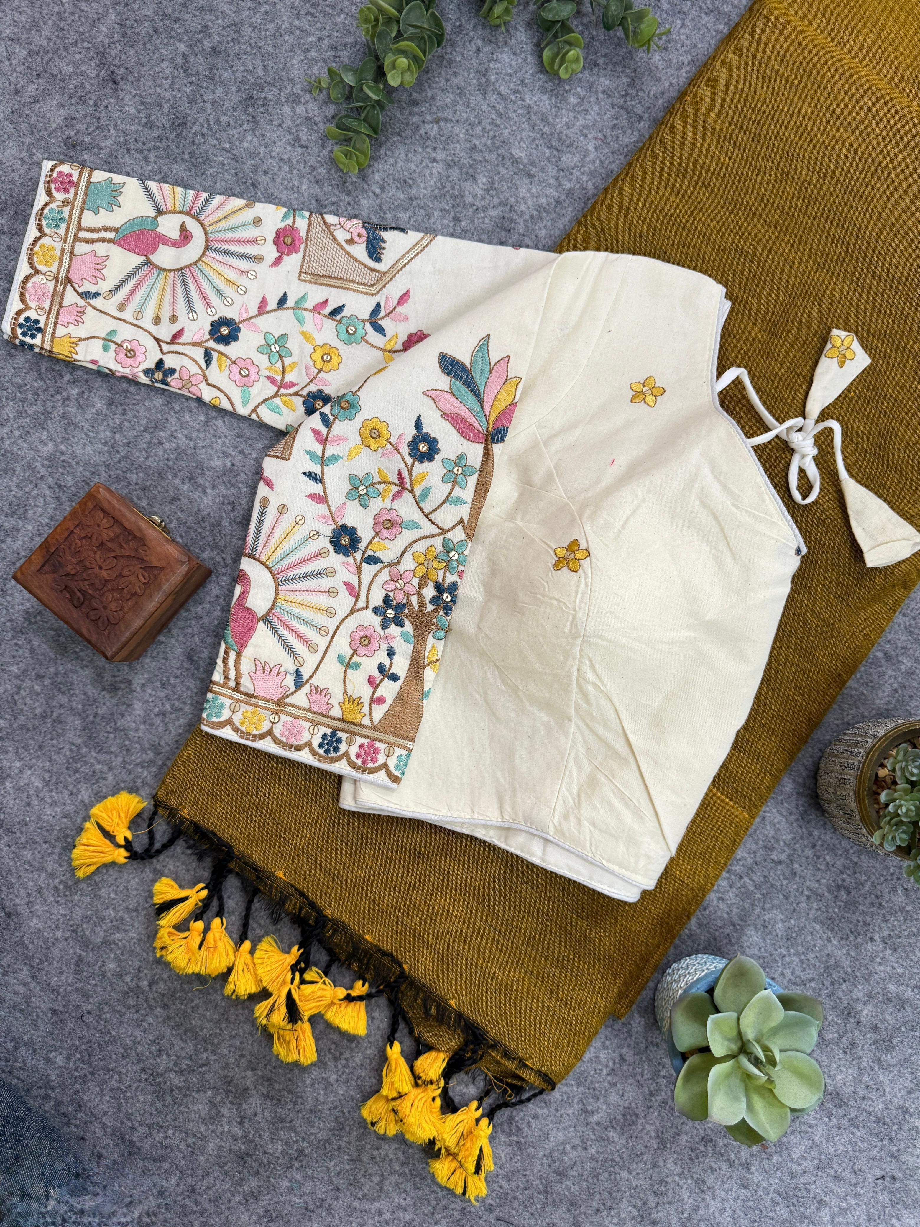 Lekha CF 130 Khadi Cotton Plain Saree With Embroidery Readymade Blouse