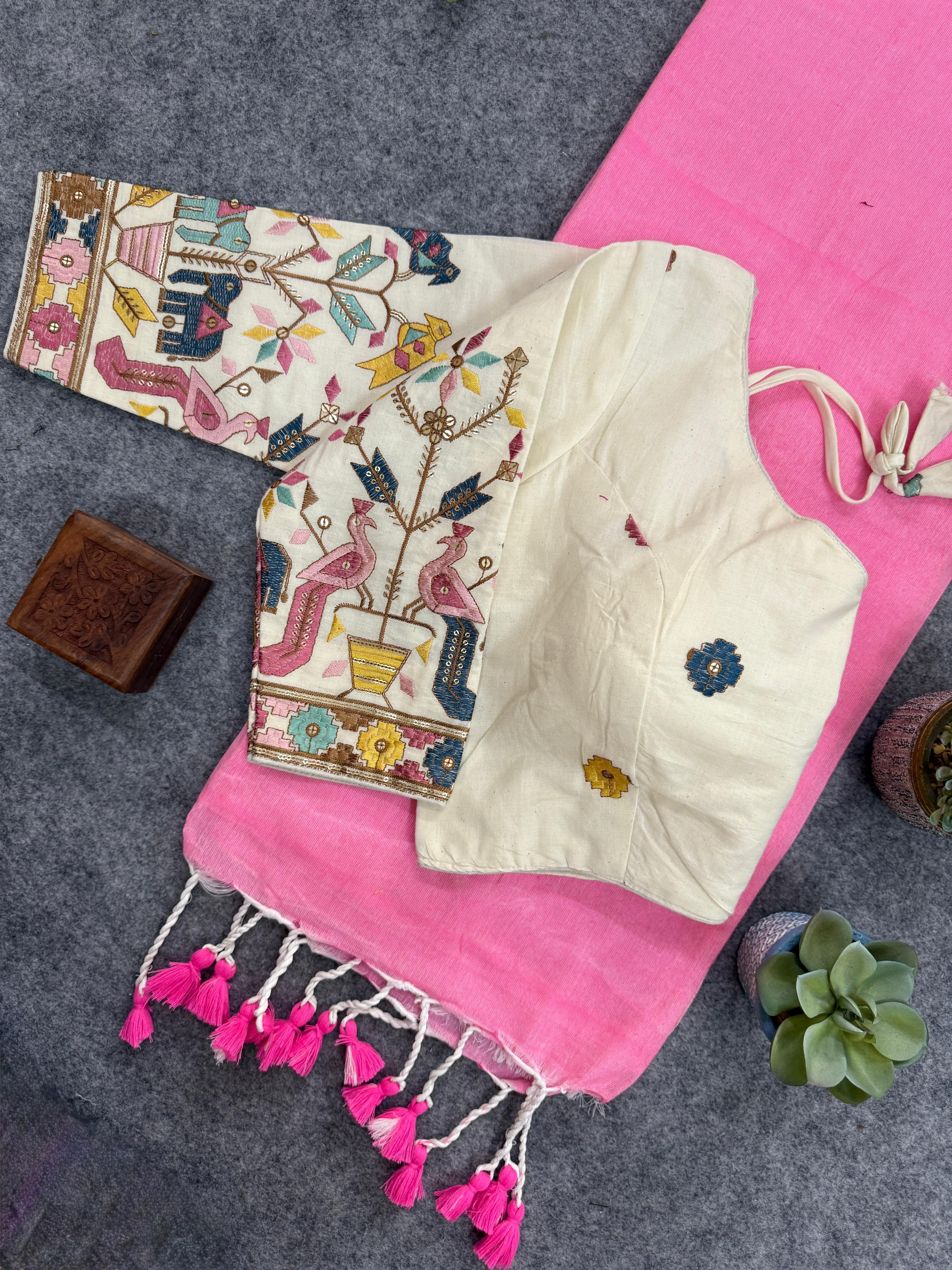 Lekha CF 130 Khadi Cotton Plain Saree With Embroidery Readymade Blouse