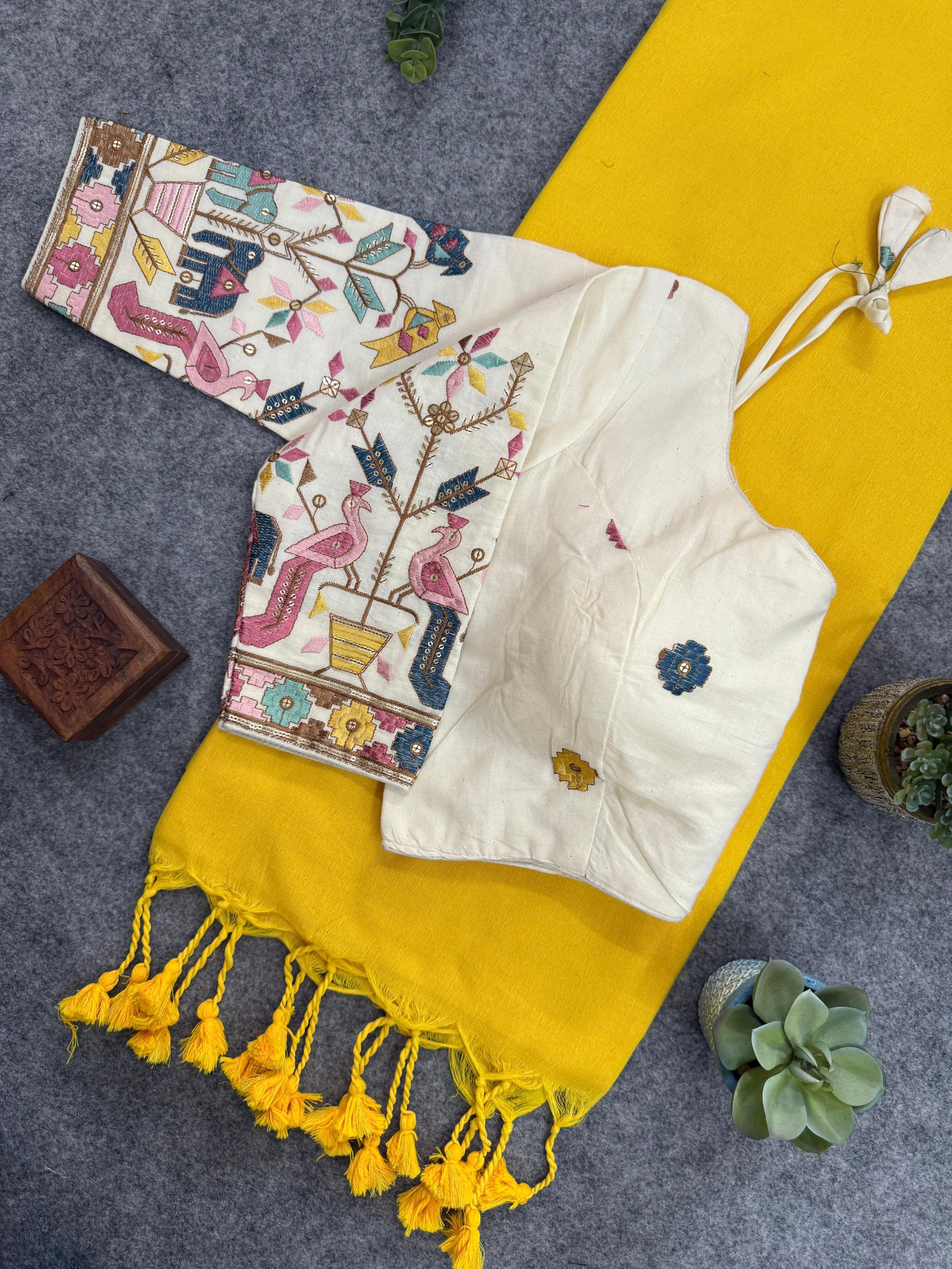 Lekha CF 130 Khadi Cotton Plain Saree With Embroidery Readymade Blouse