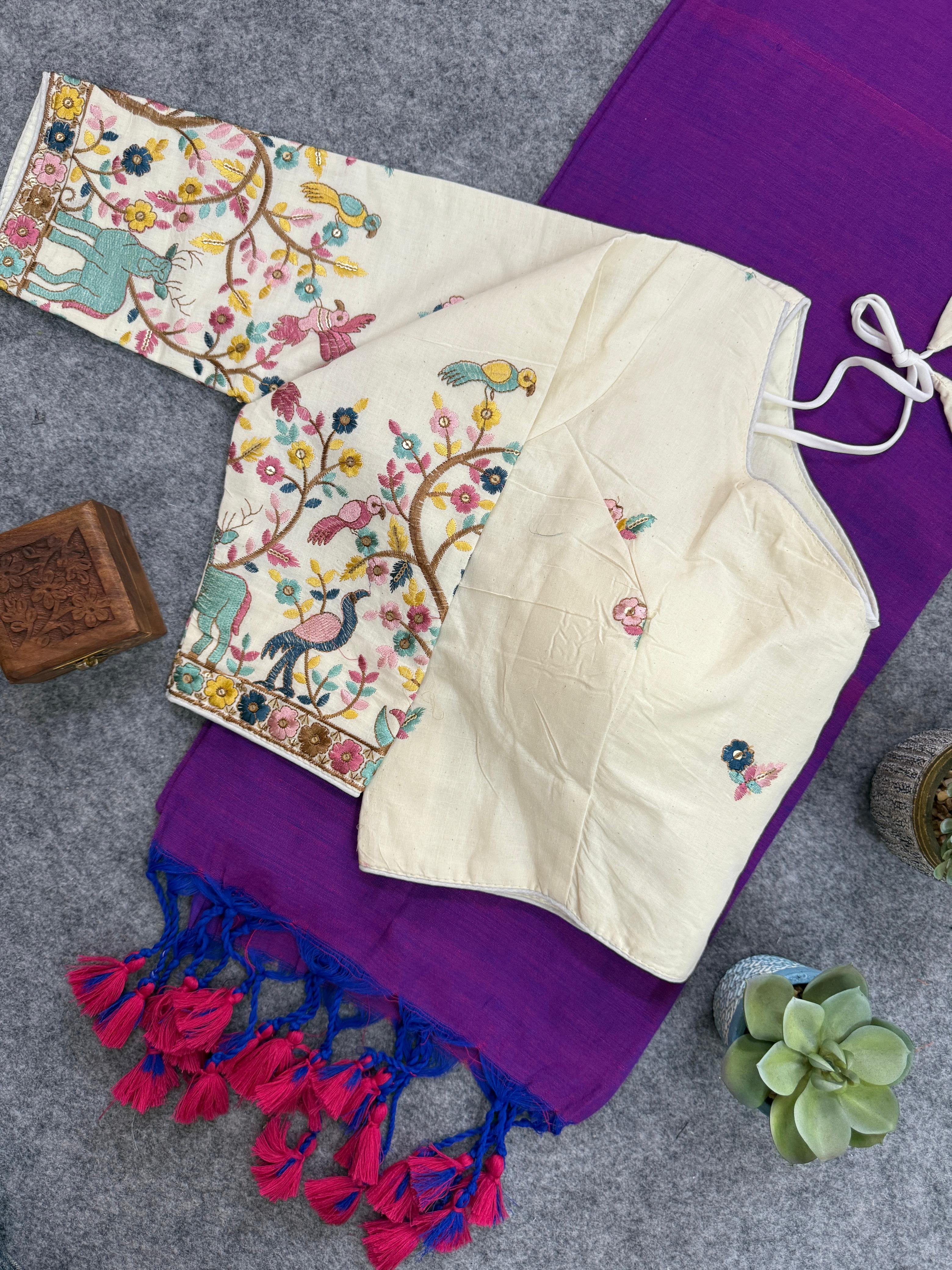 Lekha CF 130 Khadi Cotton Plain Saree With Embroidery Readymade Blouse
