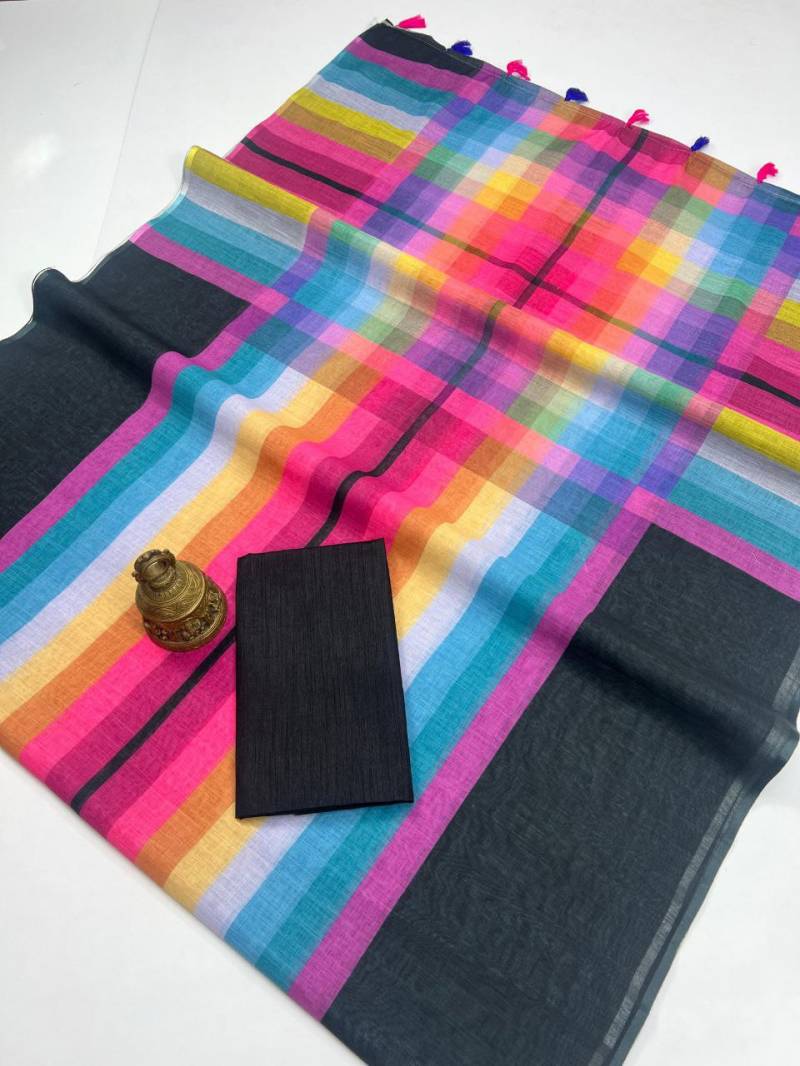 Sc Checks Linen Cotton Woven Crafted With Checks Printed Saree